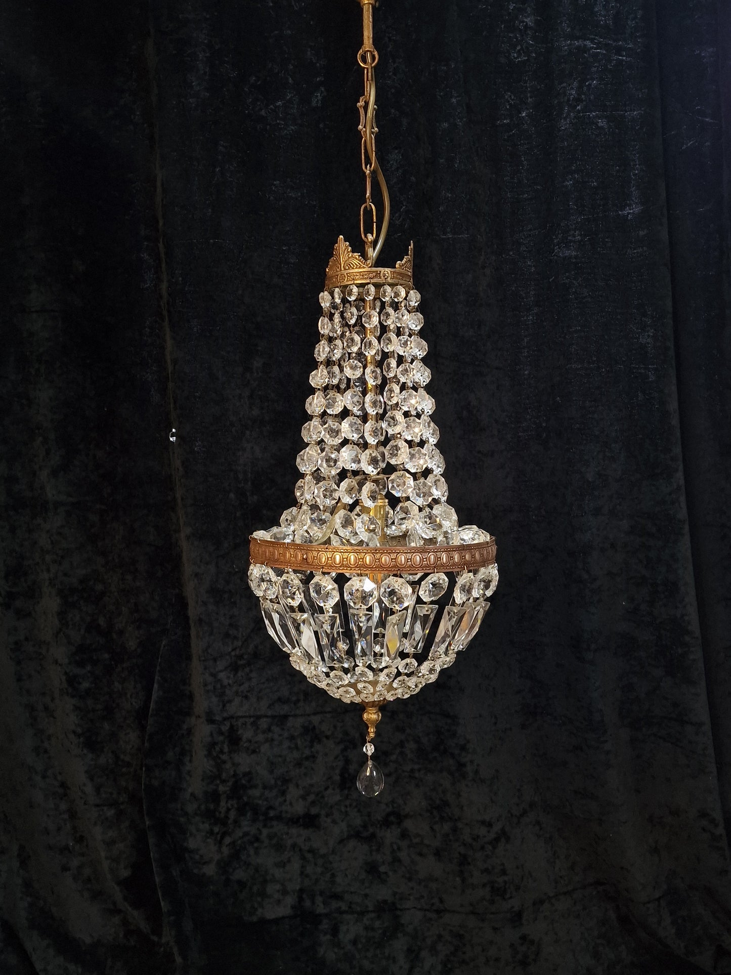 Traditional Antique French 1 Light Crystal Brass Montgolfiere Chandelier Light