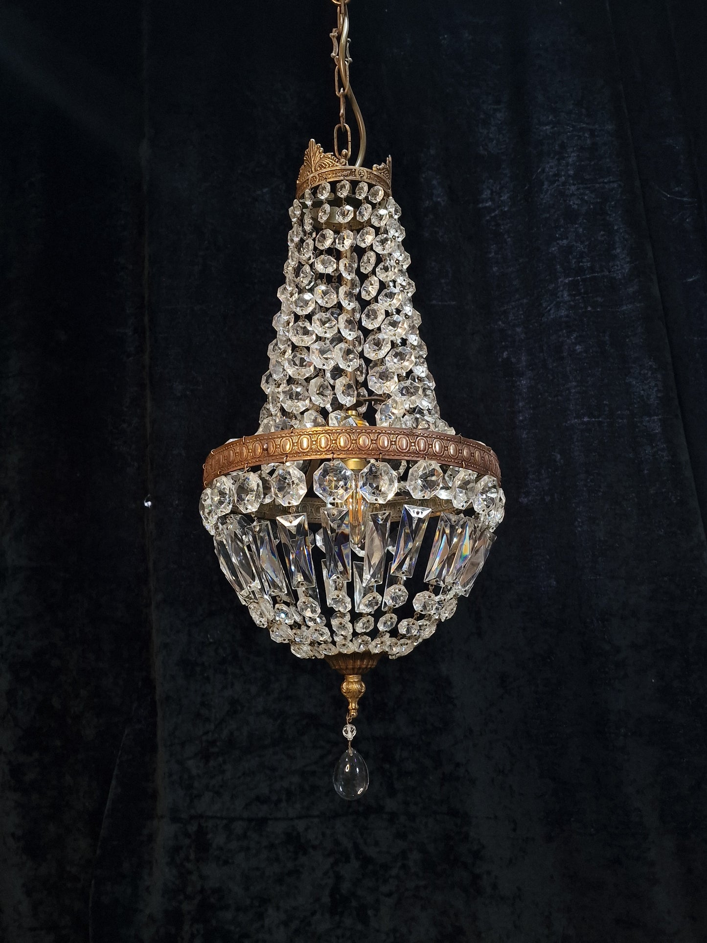 Traditional Antique French 1 Light Crystal Brass Montgolfiere Chandelier Light