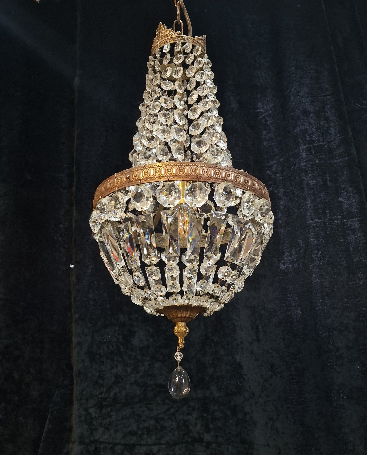 Traditional Antique French 1 Light Crystal Brass Montgolfiere Chandelier Light