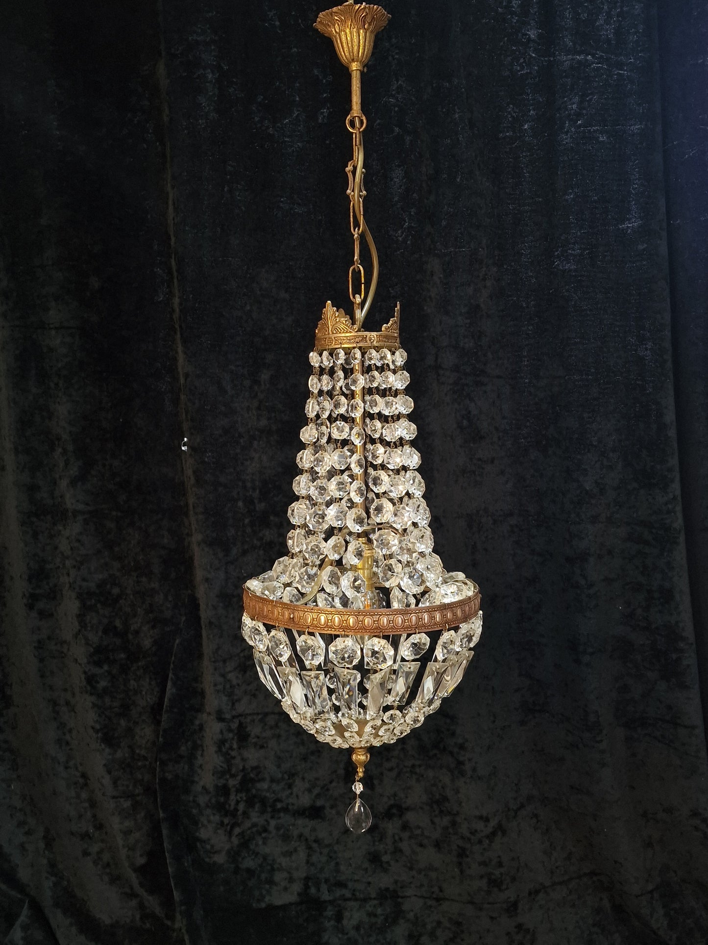 Traditional Antique French 1 Light Crystal Brass Montgolfiere Chandelier Light