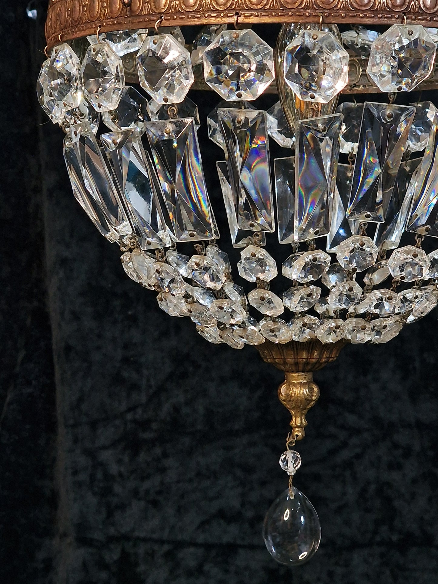 Traditional Antique French 1 Light Crystal Brass Montgolfiere Chandelier Light