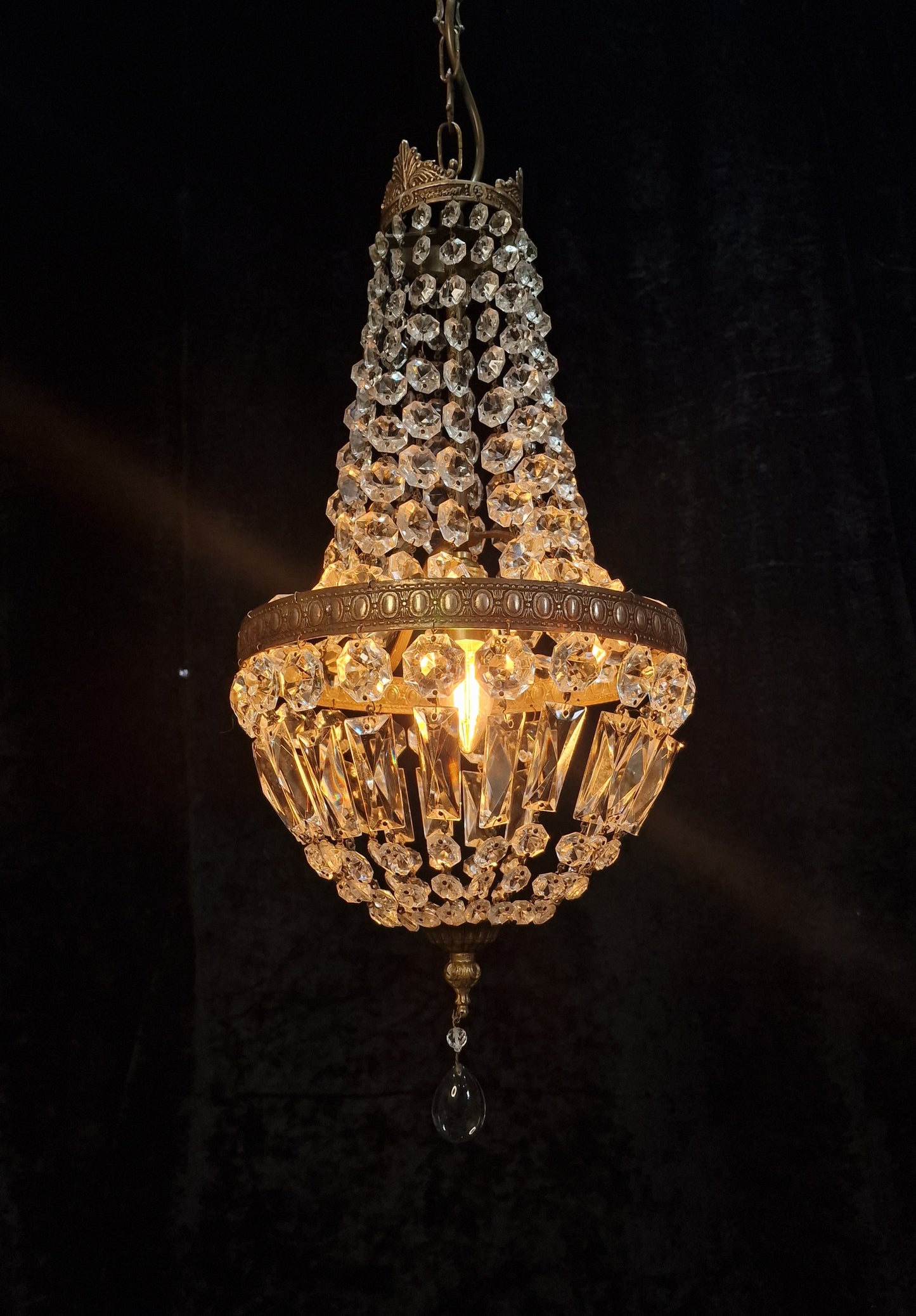 Traditional Antique French 1 Light Crystal Brass Montgolfiere Chandelier Light
