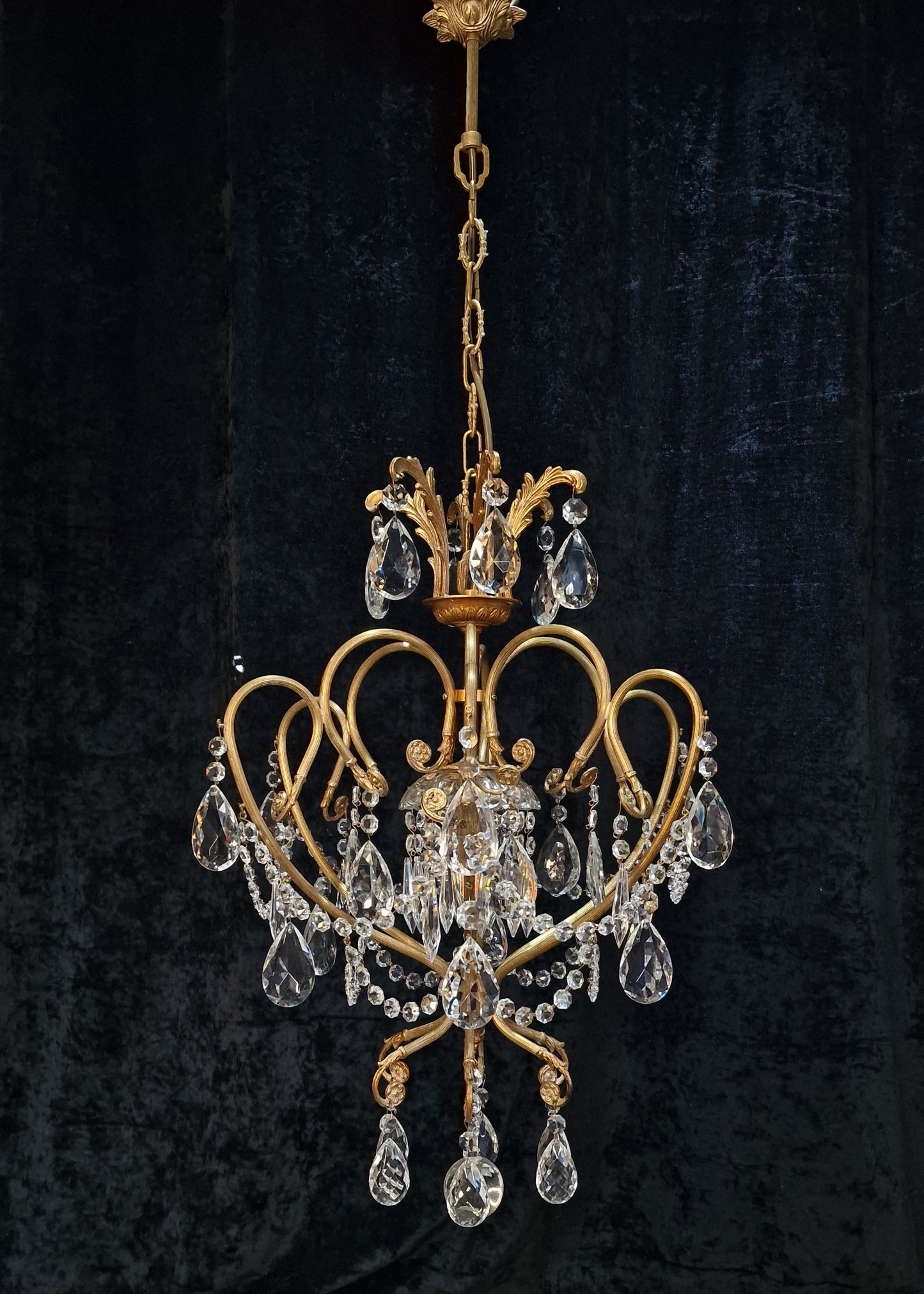 Stunning Large Vintage Italian 1 Light Caged Crystal Brass Chandelier Light