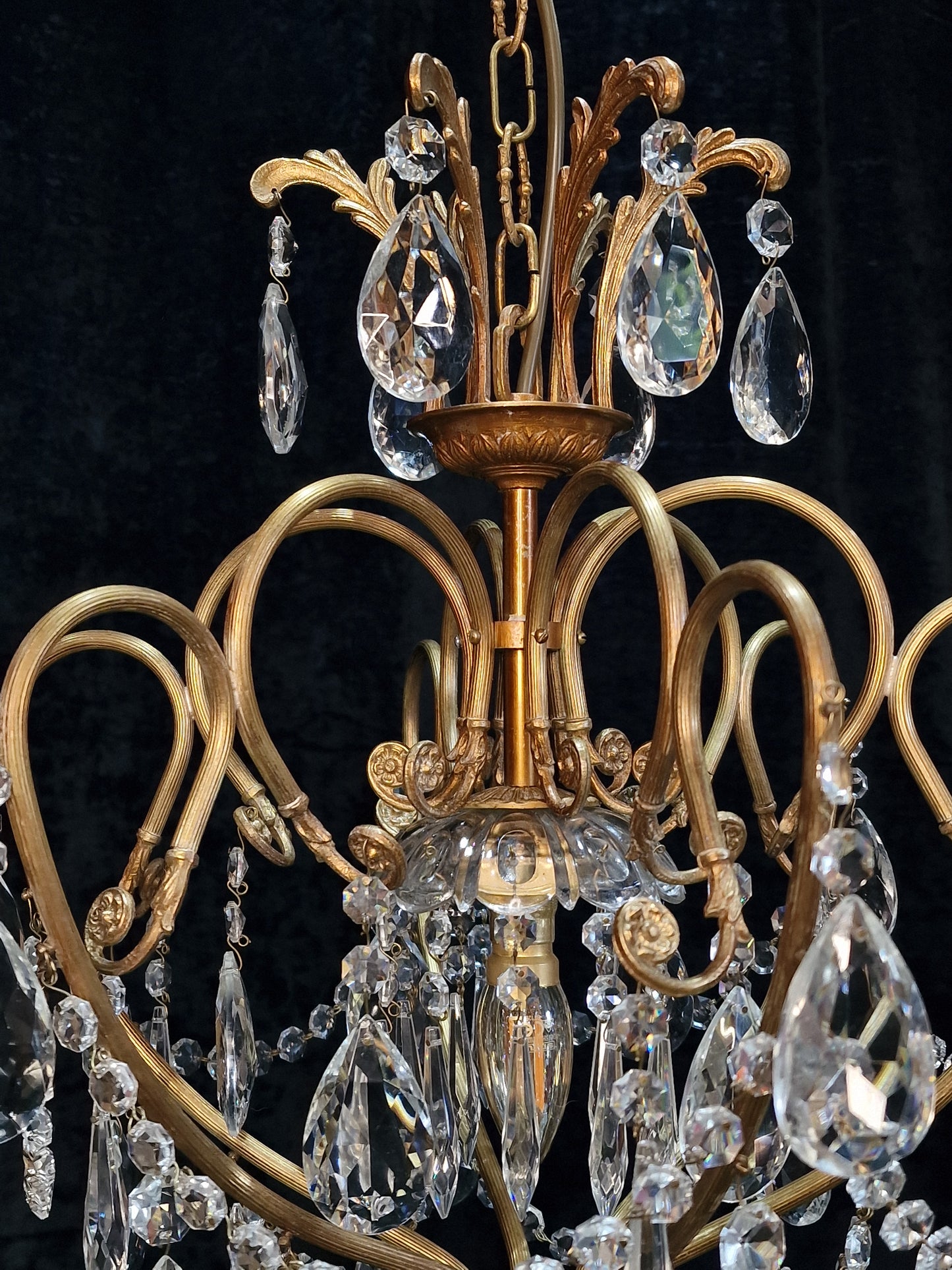 Stunning Large Vintage Italian 1 Light Caged Crystal Brass Chandelier Light