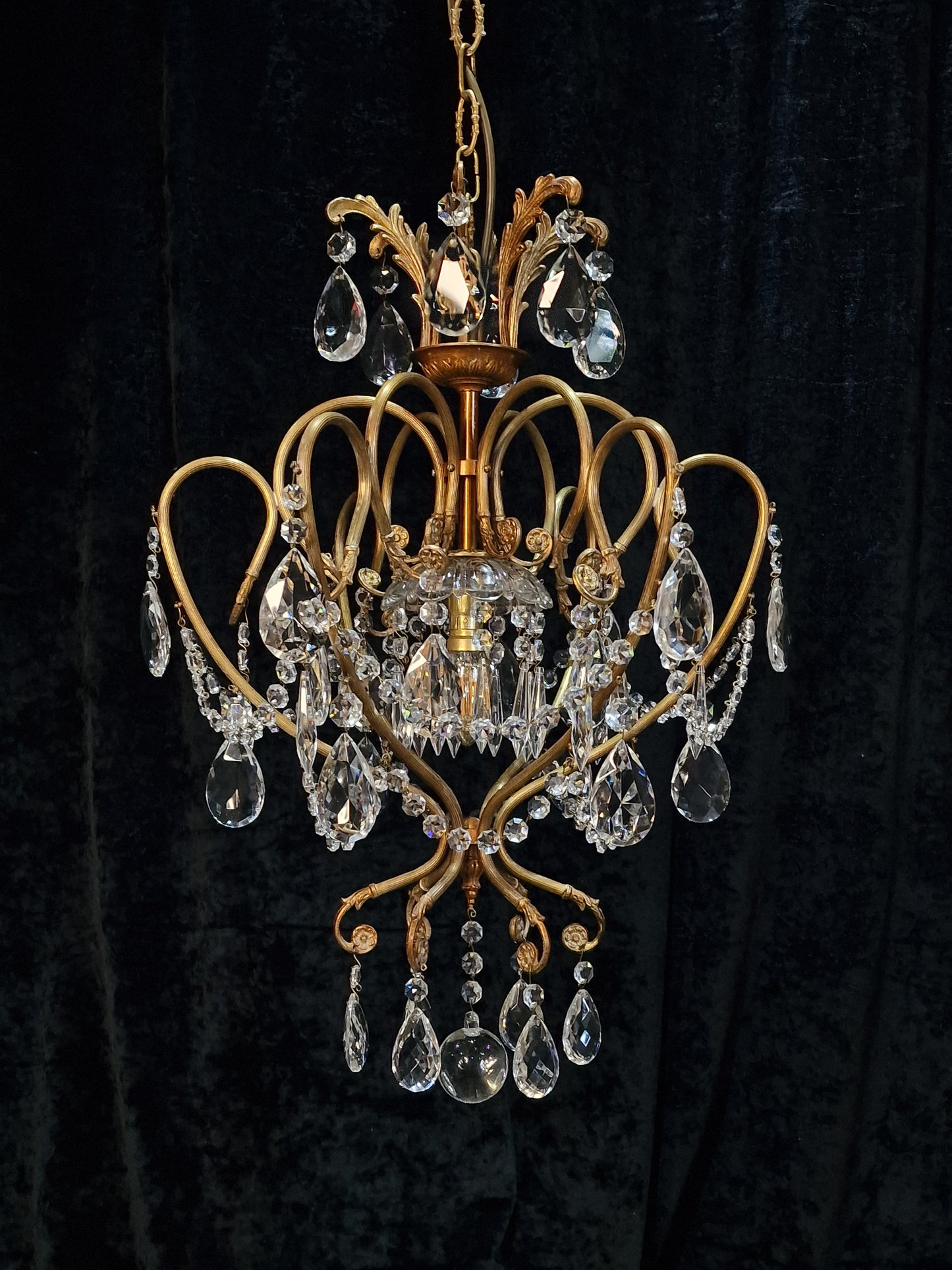 Stunning Large Vintage Italian 1 Light Caged Crystal Brass Chandelier Light