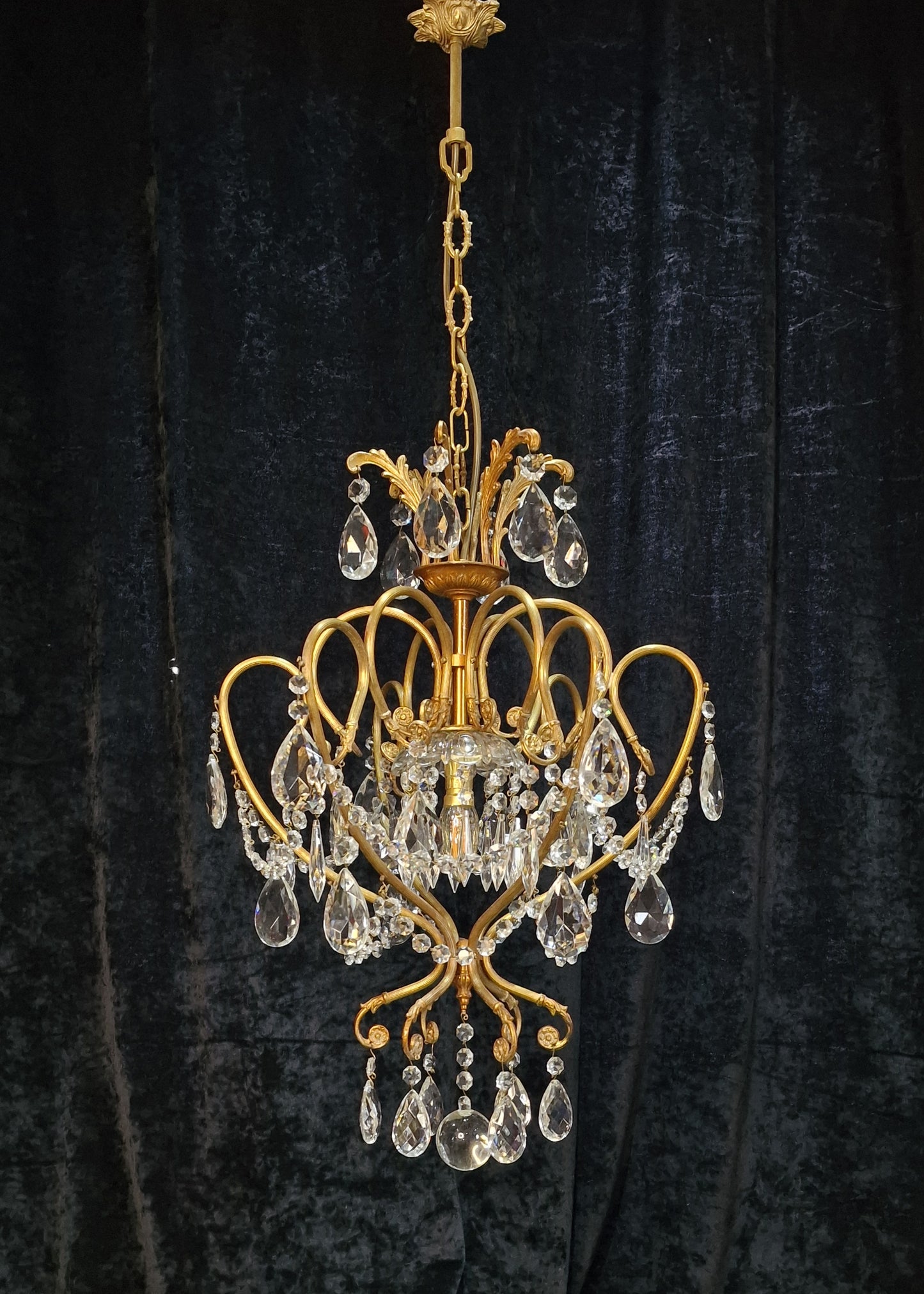 Stunning Large Vintage Italian 1 Light Caged Crystal Brass Chandelier Light
