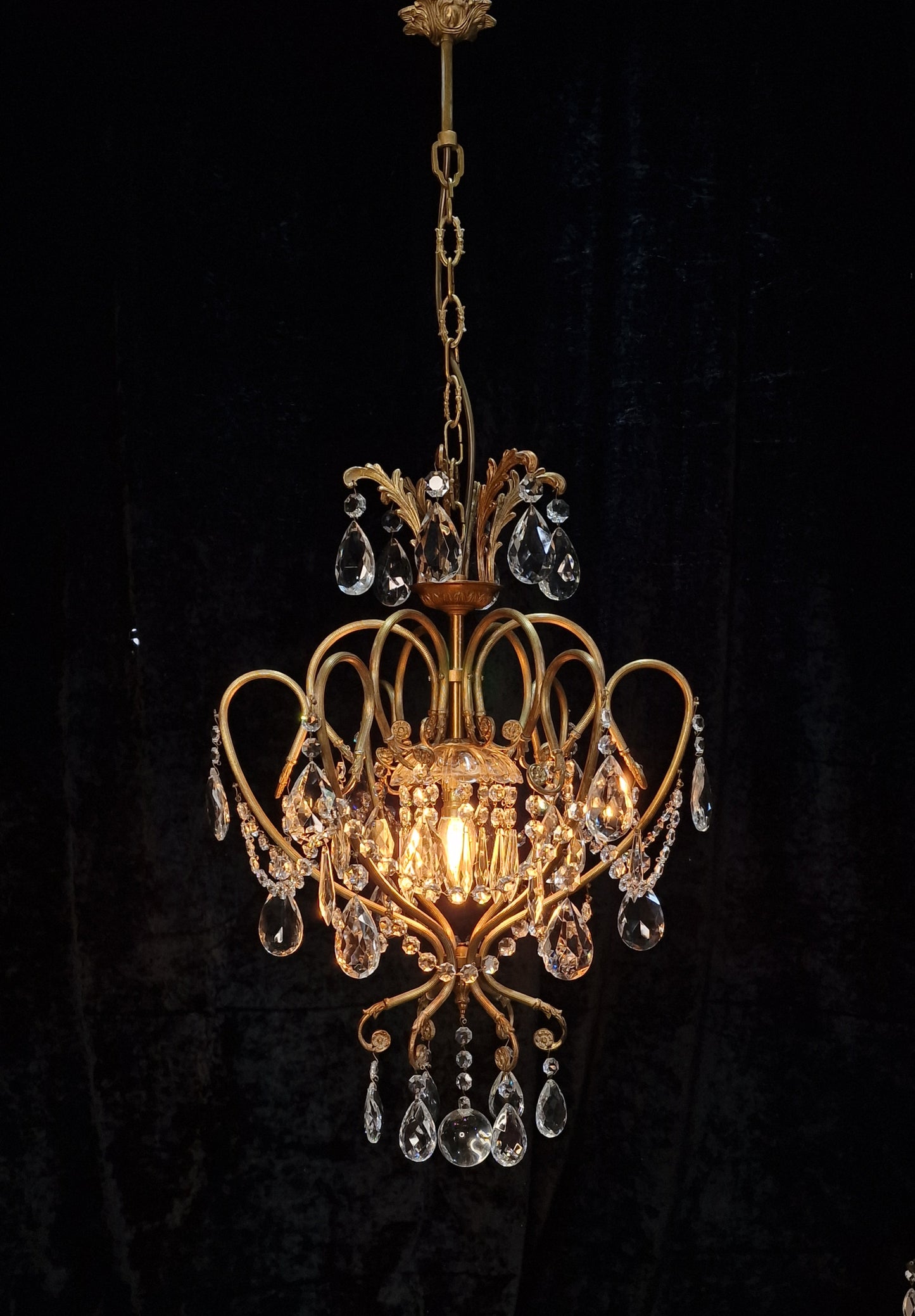 Stunning Large Vintage Italian 1 Light Caged Crystal Brass Chandelier Light