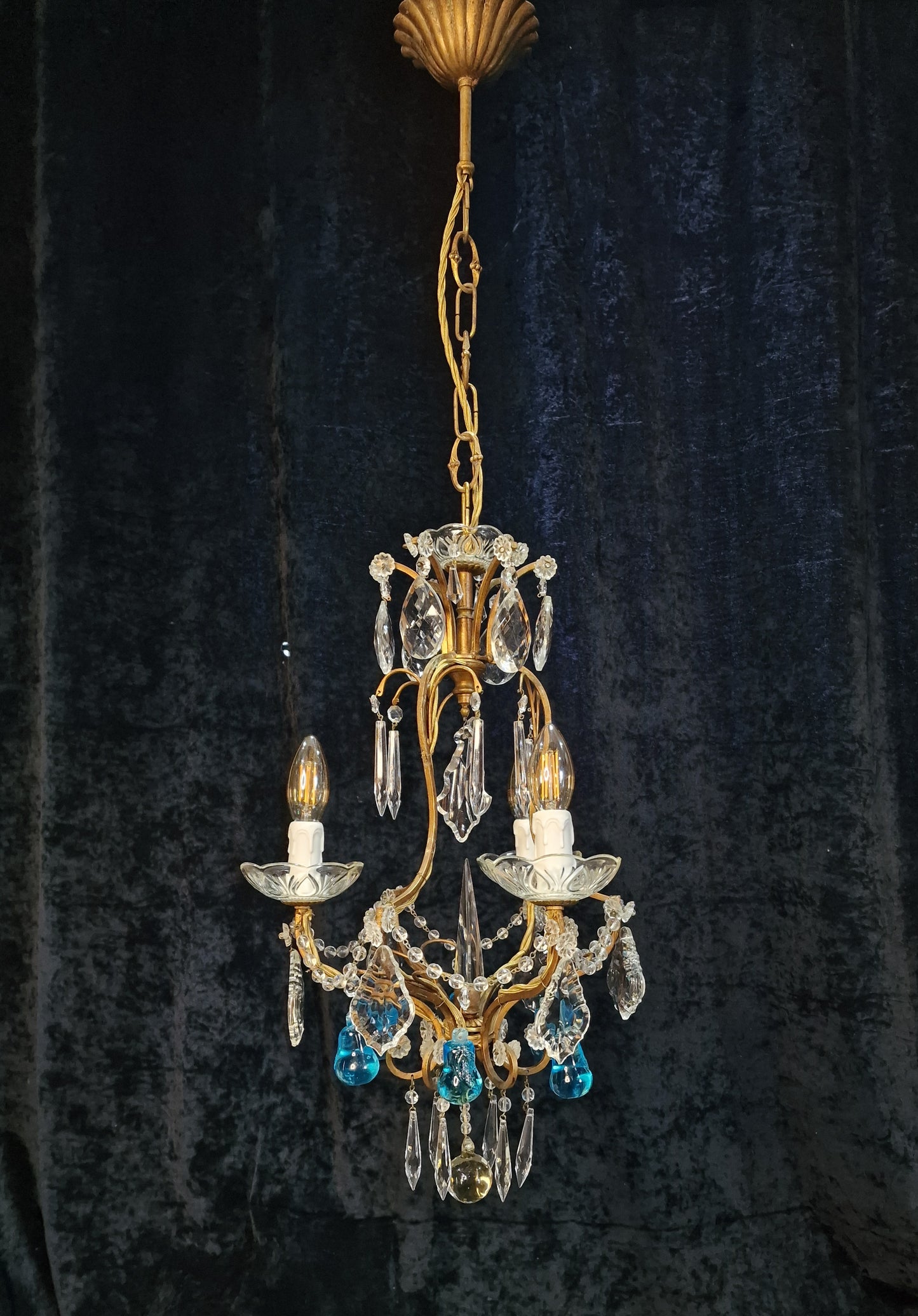 Beautiful Antique French 3 Arm Caged Iron Crystal Pear Chandelier Ceiling Light