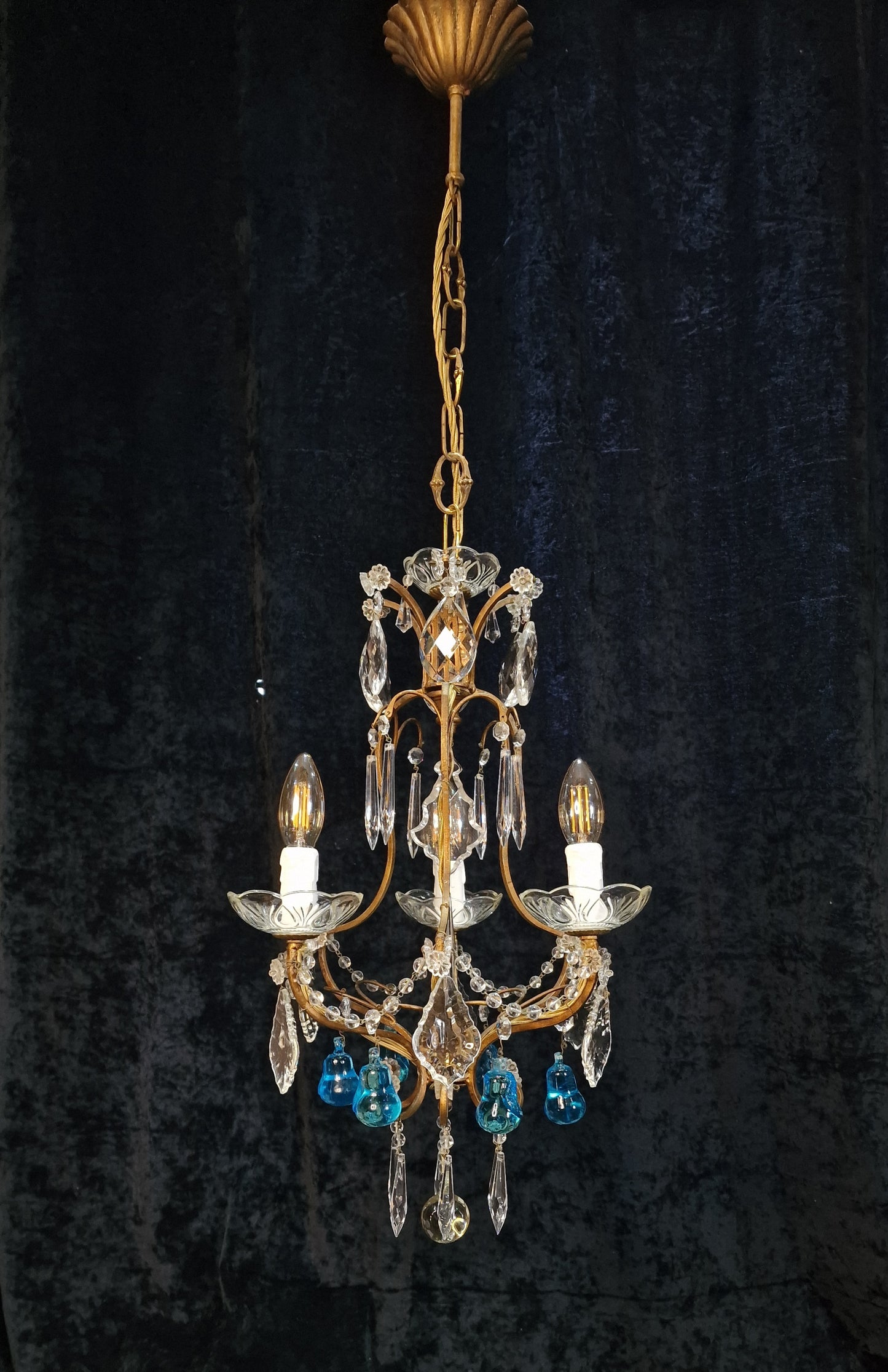 Beautiful Antique French 3 Arm Caged Iron Crystal Pear Chandelier Ceiling Light