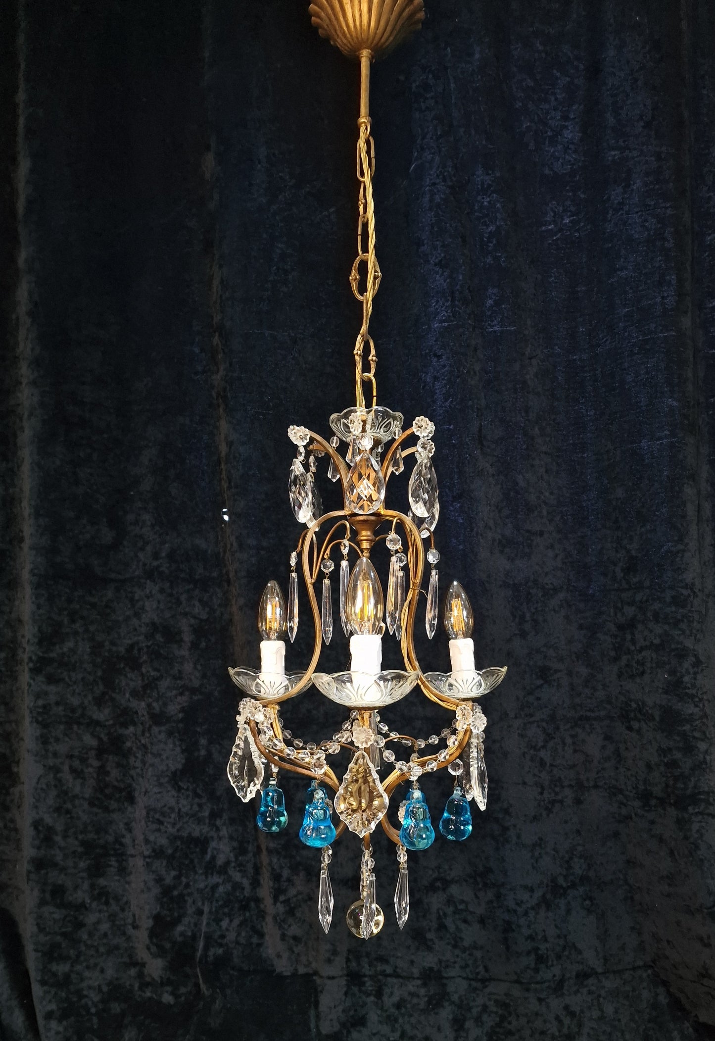Beautiful Antique French 3 Arm Caged Iron Crystal Pear Chandelier Ceiling Light