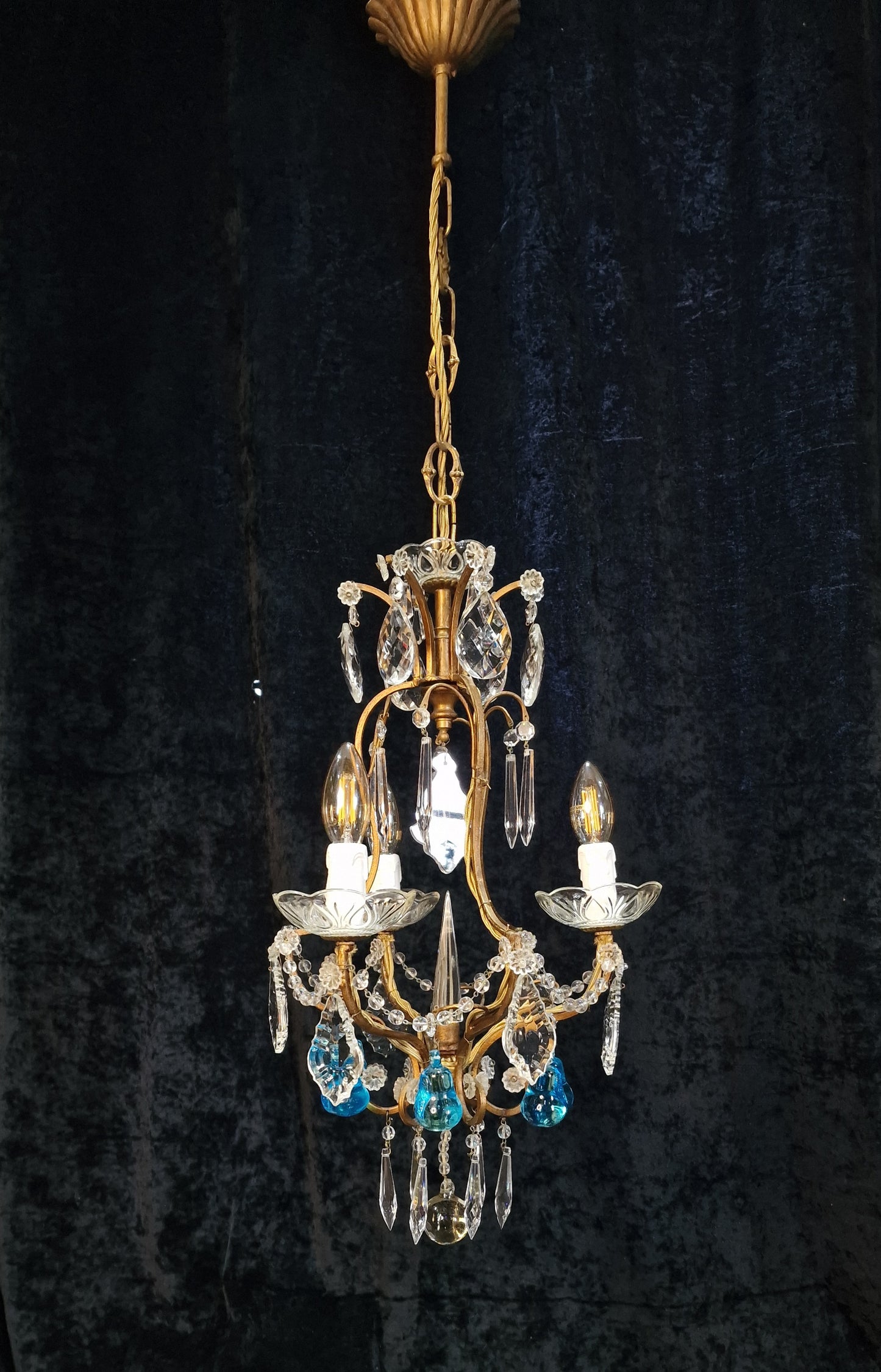 Beautiful Antique French 3 Arm Caged Iron Crystal Pear Chandelier Ceiling Light