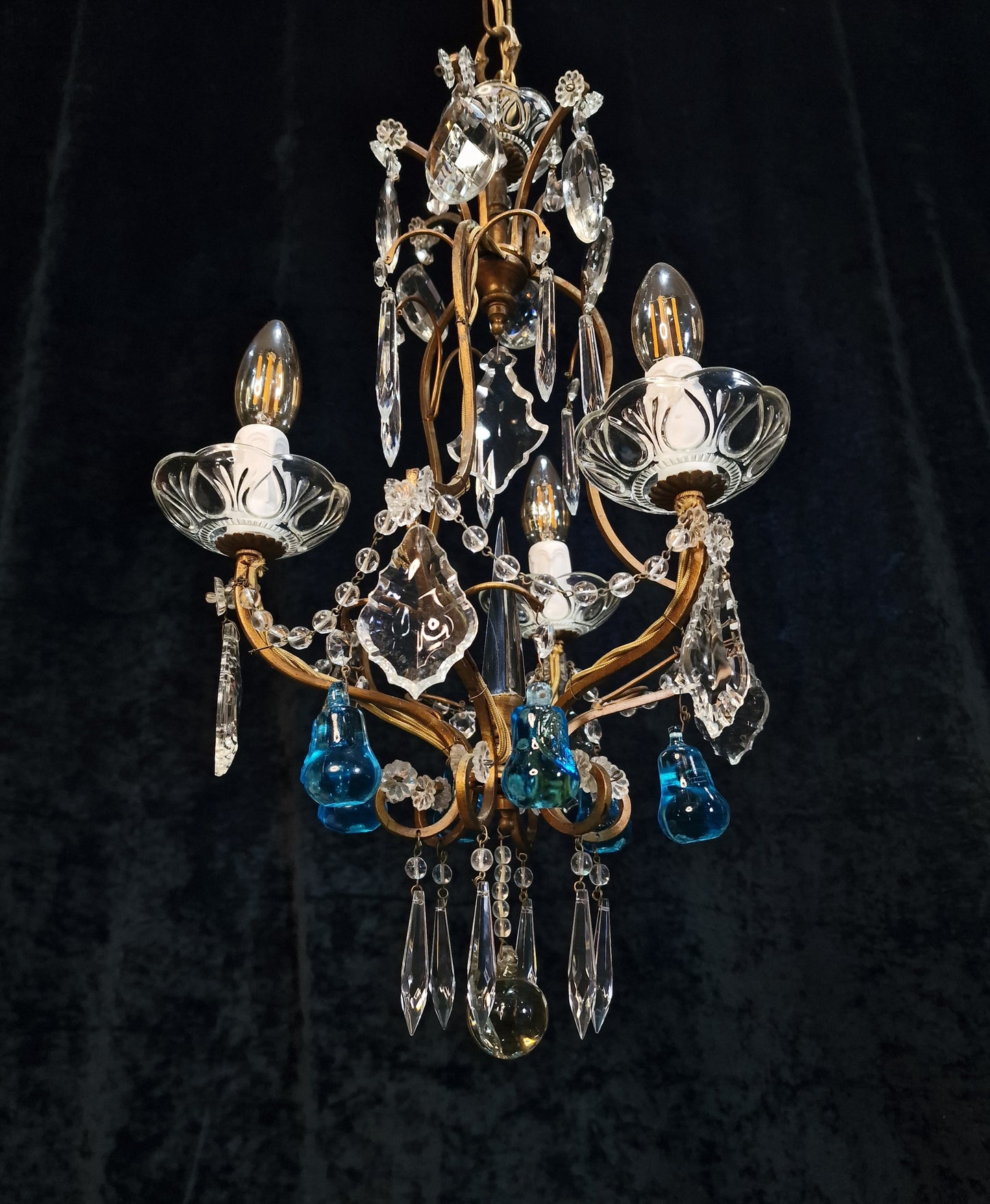 Beautiful Antique French 3 Arm Caged Iron Crystal Pear Chandelier Ceiling Light