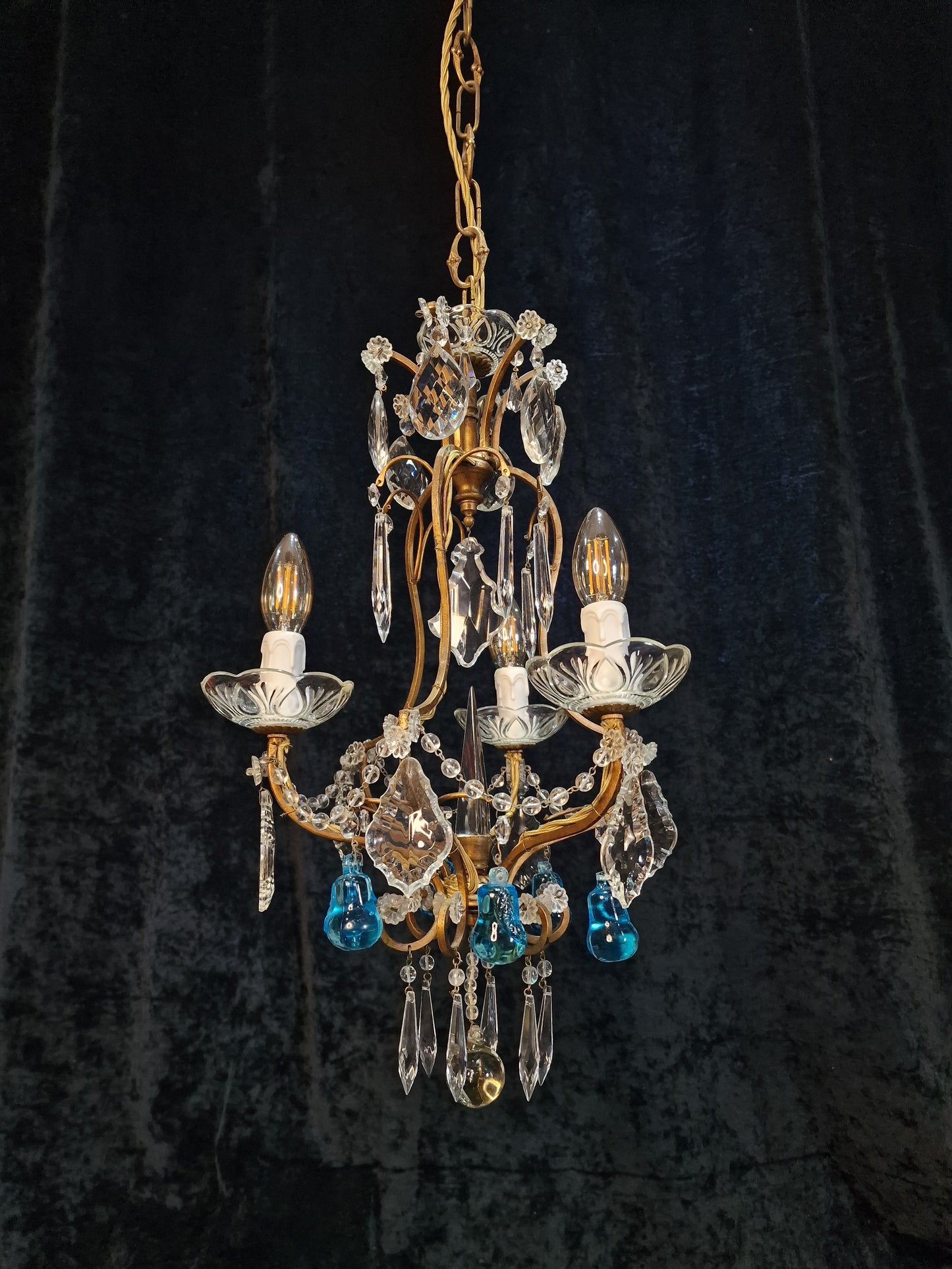Beautiful Antique French 3 Arm Caged Iron Crystal Pear Chandelier Ceiling Light