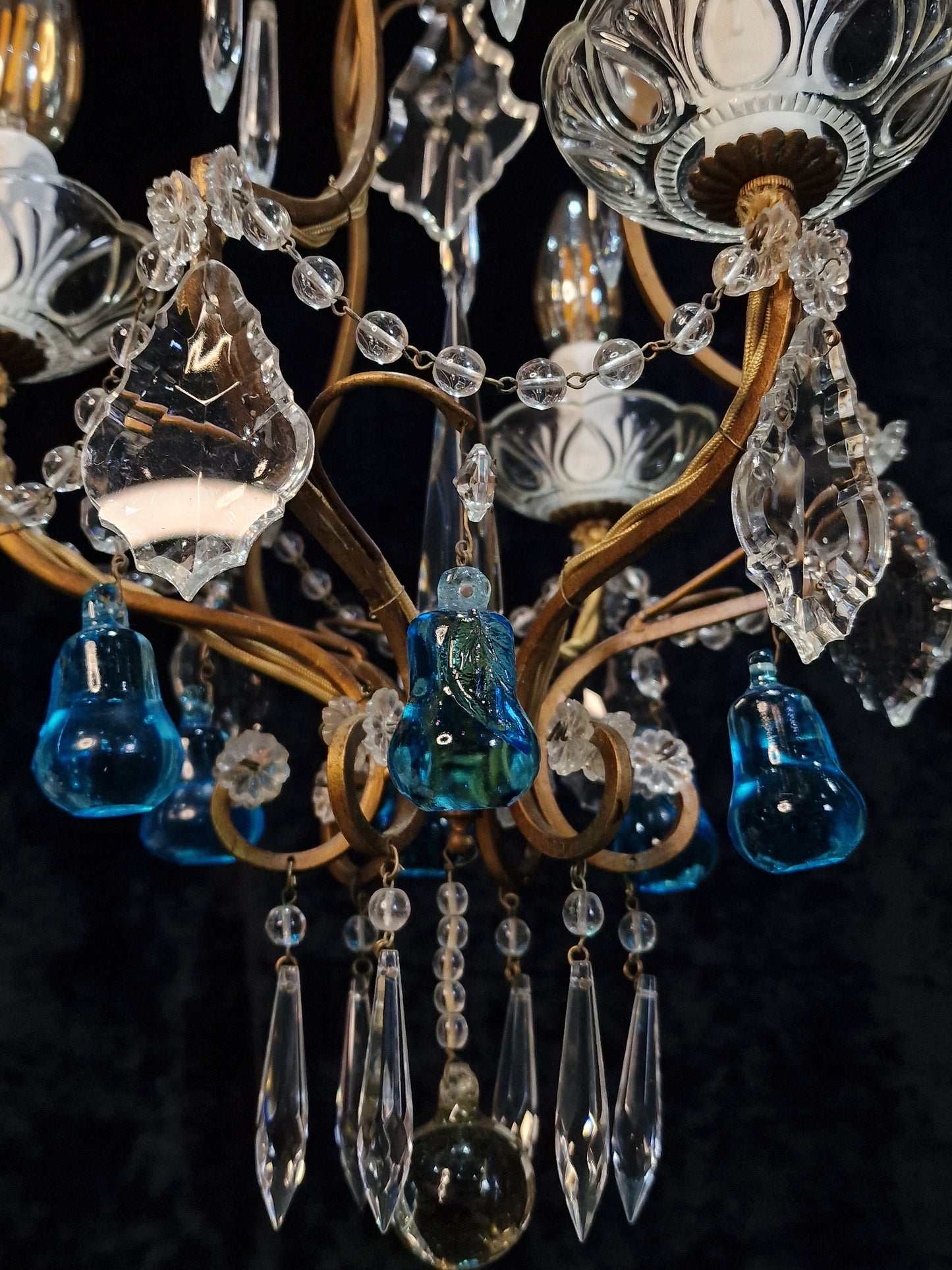 Beautiful Antique French 3 Arm Caged Iron Crystal Pear Chandelier Ceiling Light