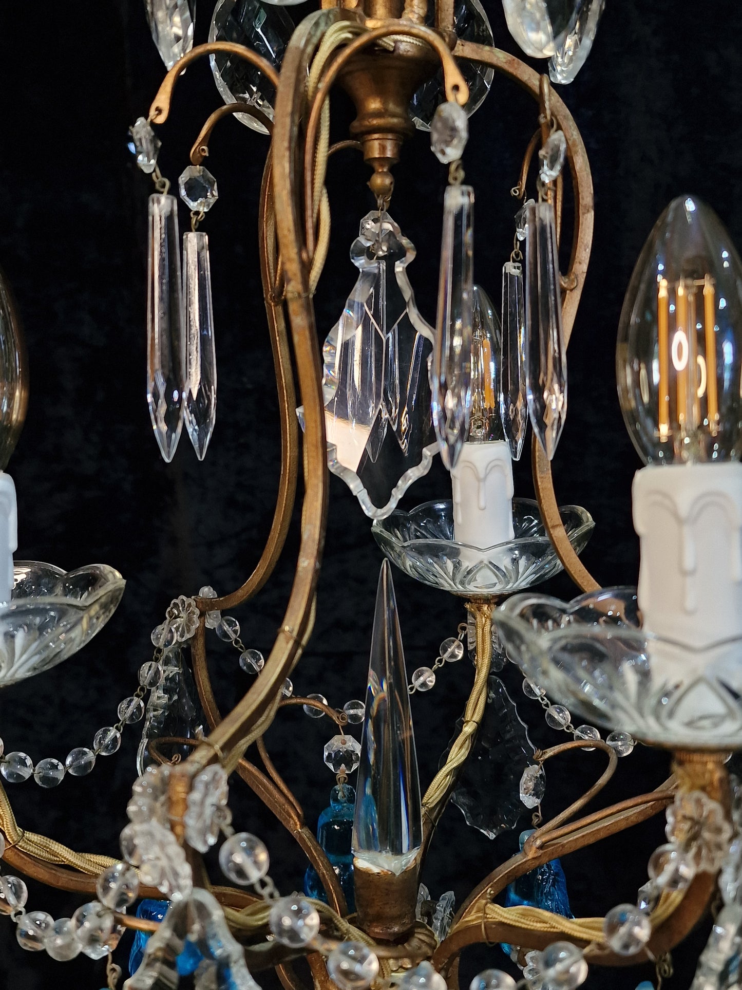Beautiful Antique French 3 Arm Caged Iron Crystal Pear Chandelier Ceiling Light