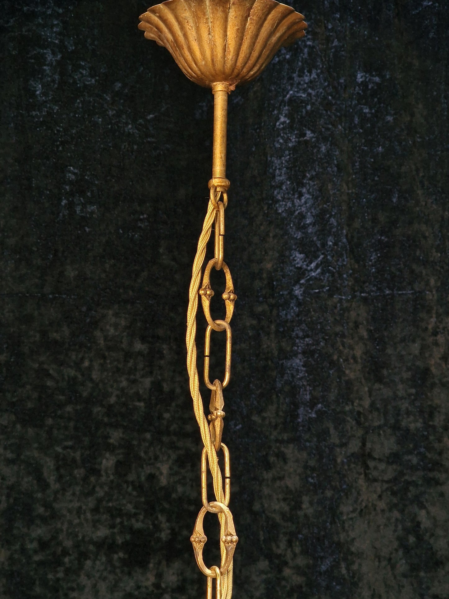 Beautiful Antique French 3 Arm Caged Iron Crystal Pear Chandelier Ceiling Light