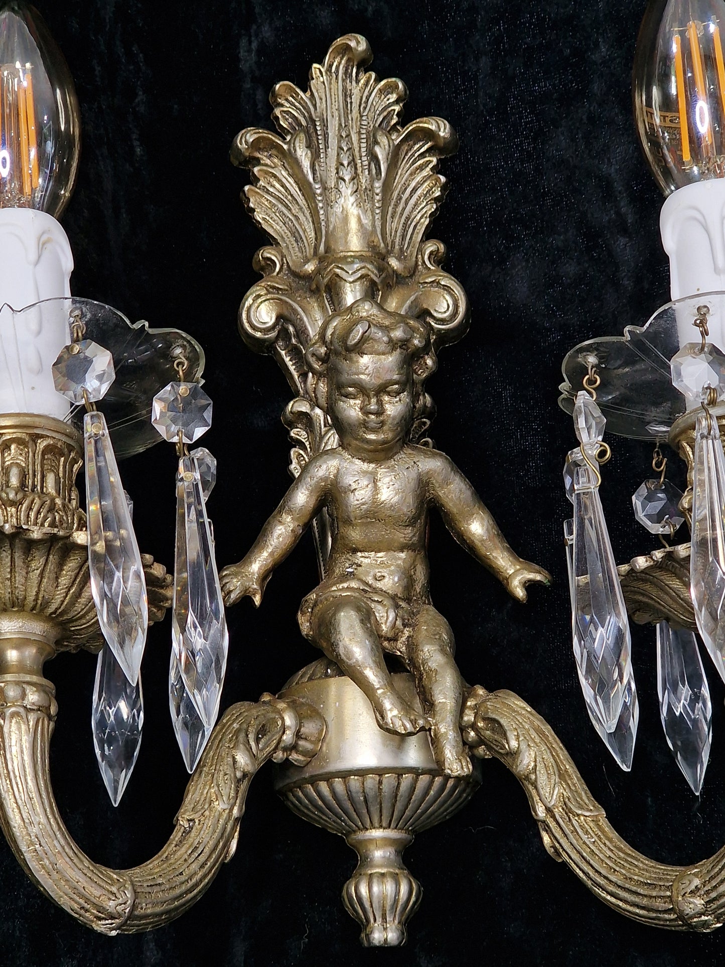 Traditional Pair Heavy Vintage French Silvered 2 Arm Cherub Sconces Wall Lights