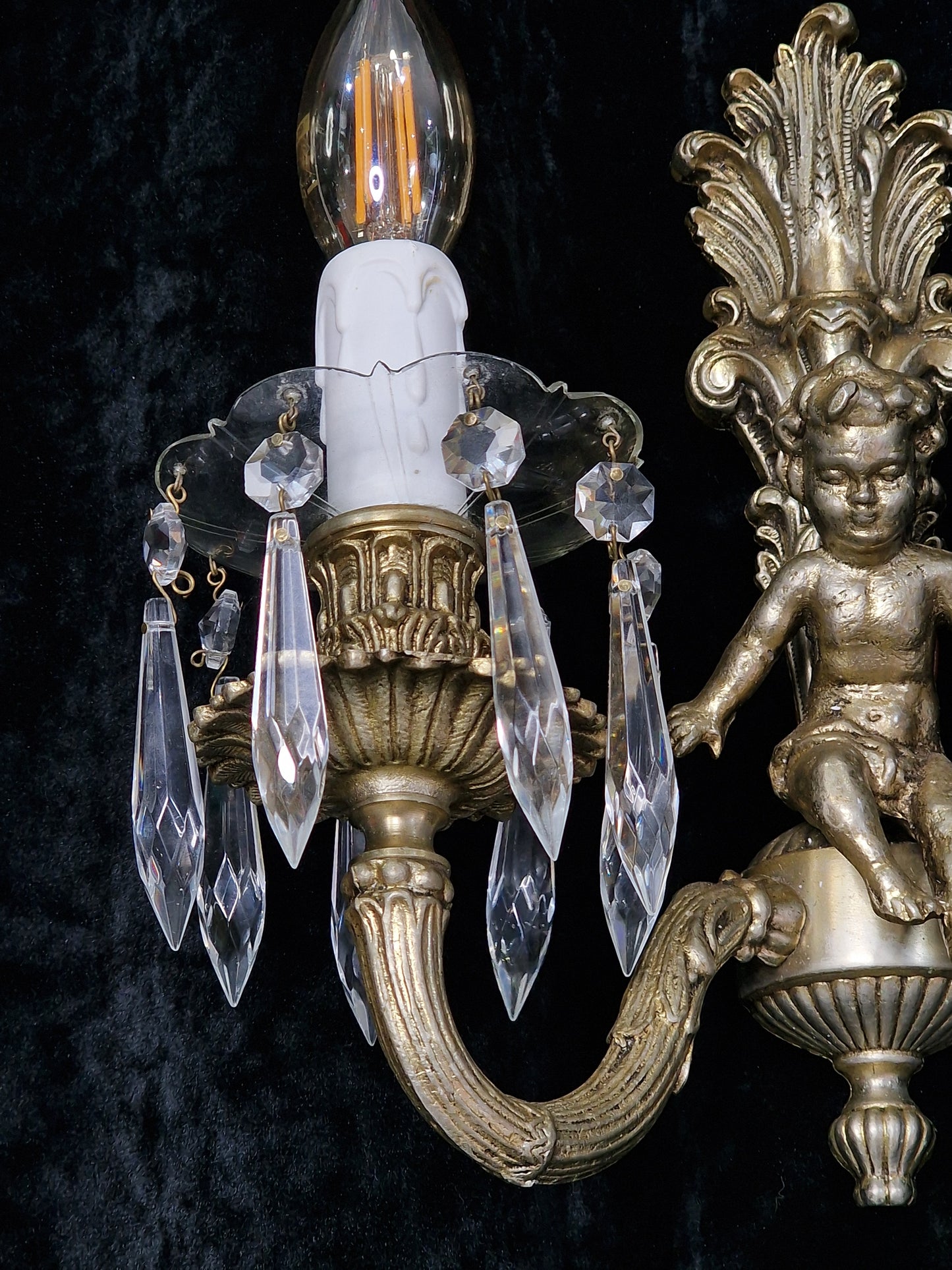 Traditional Pair Heavy Vintage French Silvered 2 Arm Cherub Sconces Wall Lights