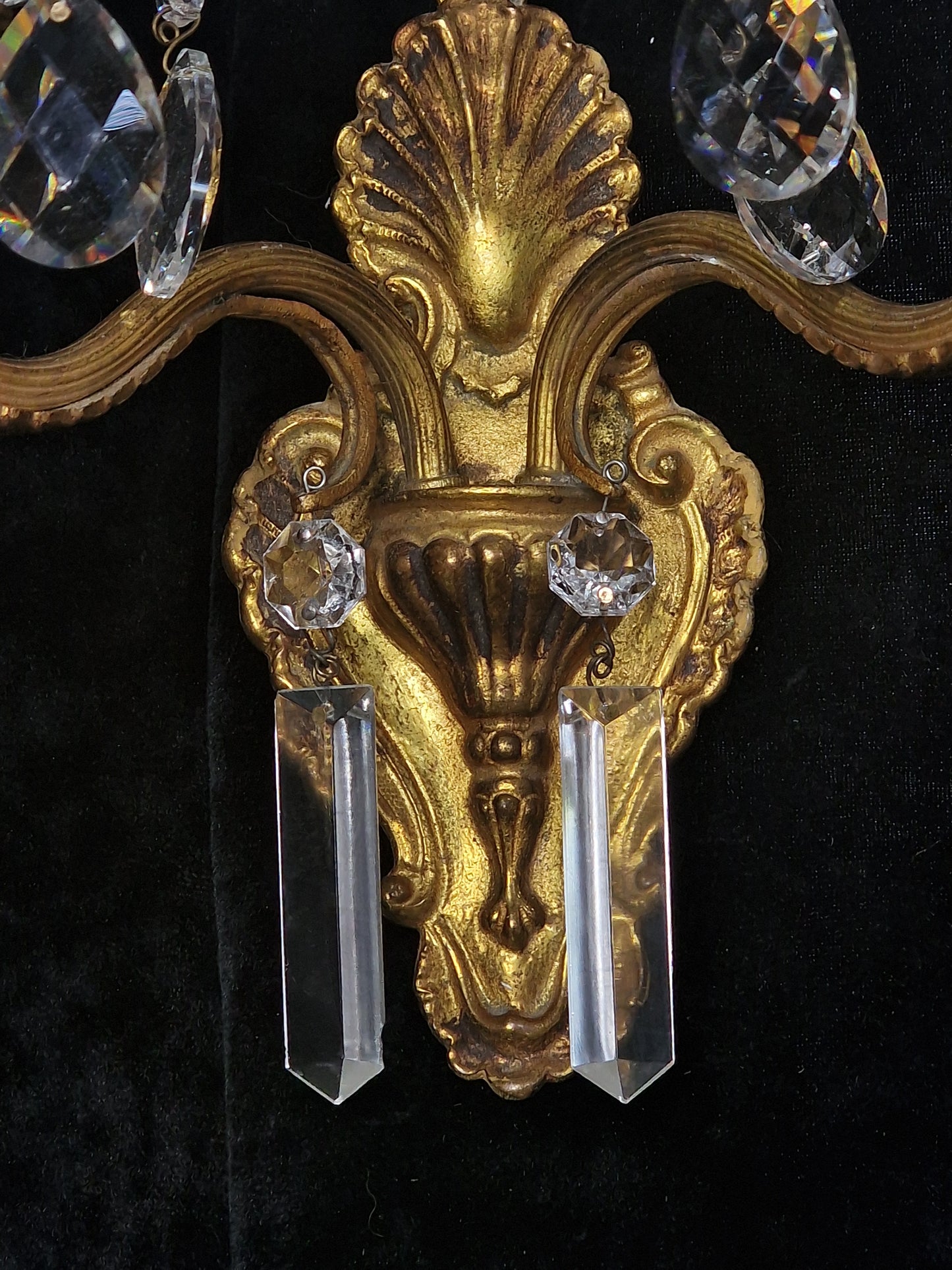 Lovely Pair of Vintage French 2 Arm Leaf Brass Crystal Wall Lights Sconces