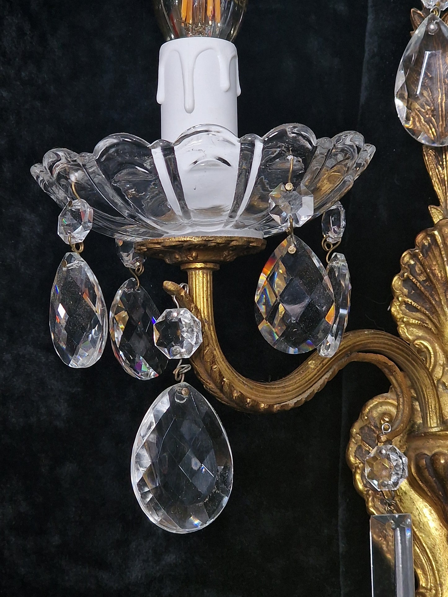 Lovely Pair of Vintage French 2 Arm Leaf Brass Crystal Wall Lights Sconces