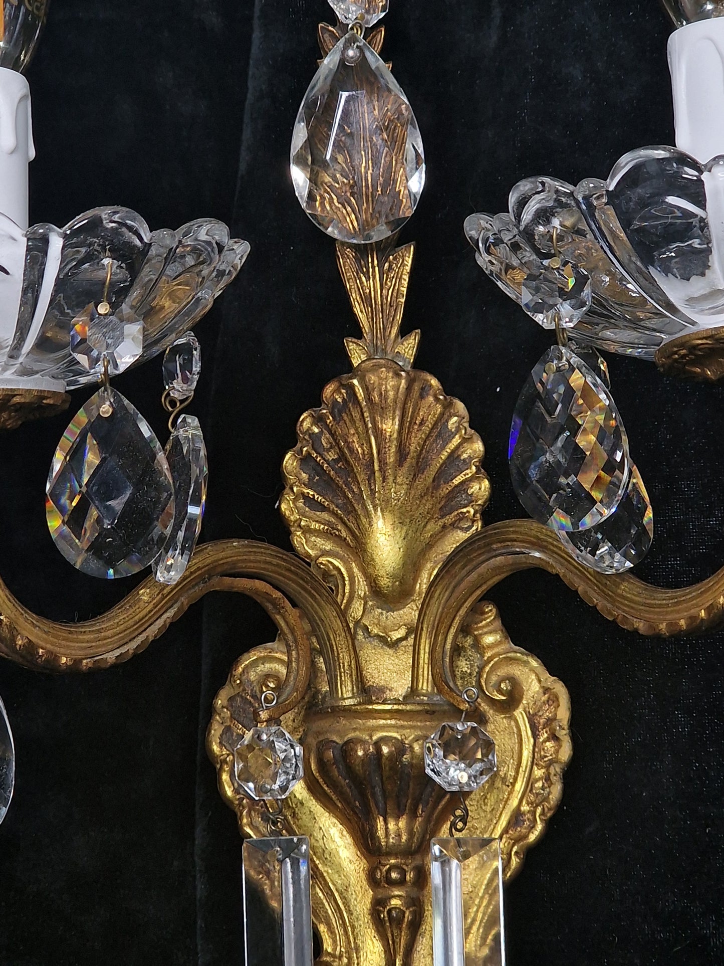 Lovely Pair of Vintage French 2 Arm Leaf Brass Crystal Wall Lights Sconces