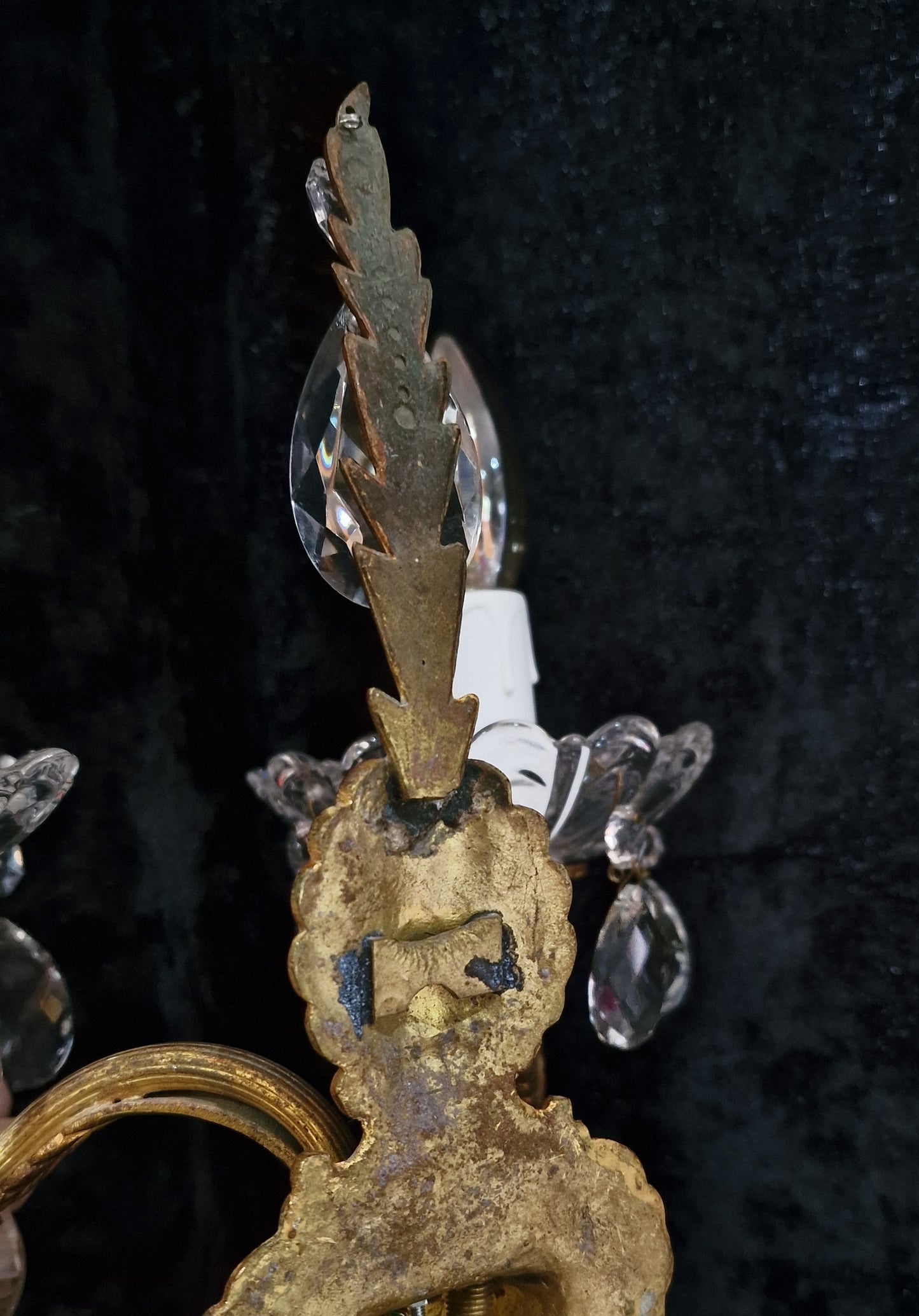 Lovely Pair of Vintage French 2 Arm Leaf Brass Crystal Wall Lights Sconces