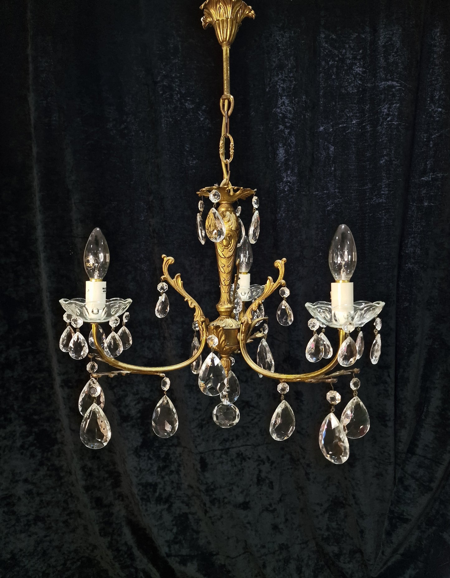 Lovely Vintage French 3 Arm Crystal Brass Leaf Chandelier Ceiling Light