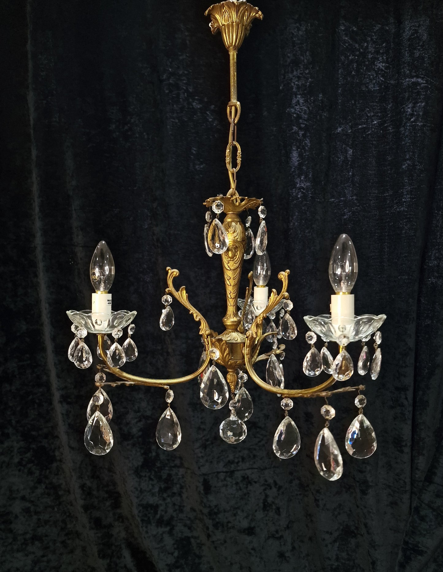 Lovely Vintage French 3 Arm Crystal Brass Leaf Chandelier Ceiling Light