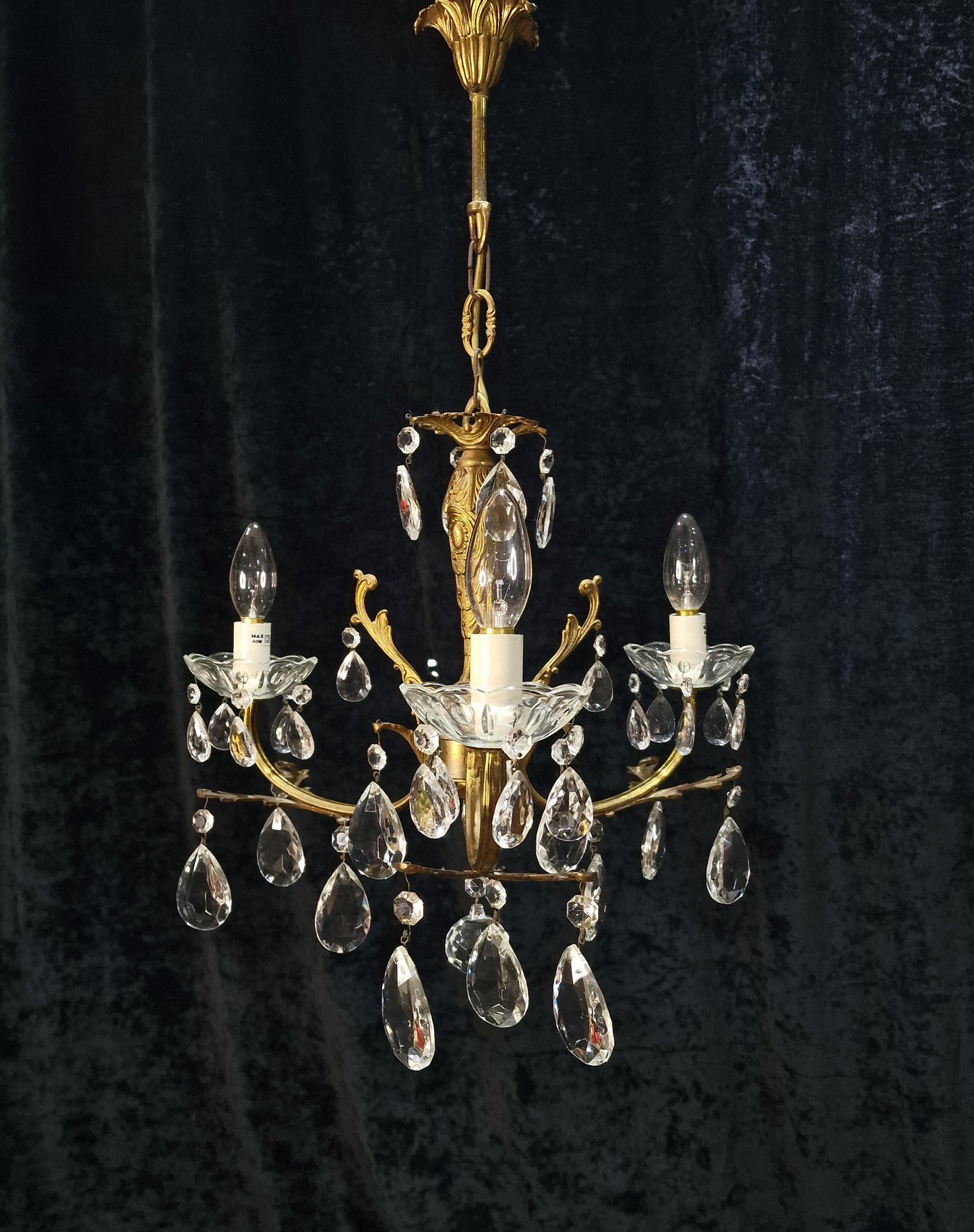Lovely Vintage French 3 Arm Crystal Brass Leaf Chandelier Ceiling Light