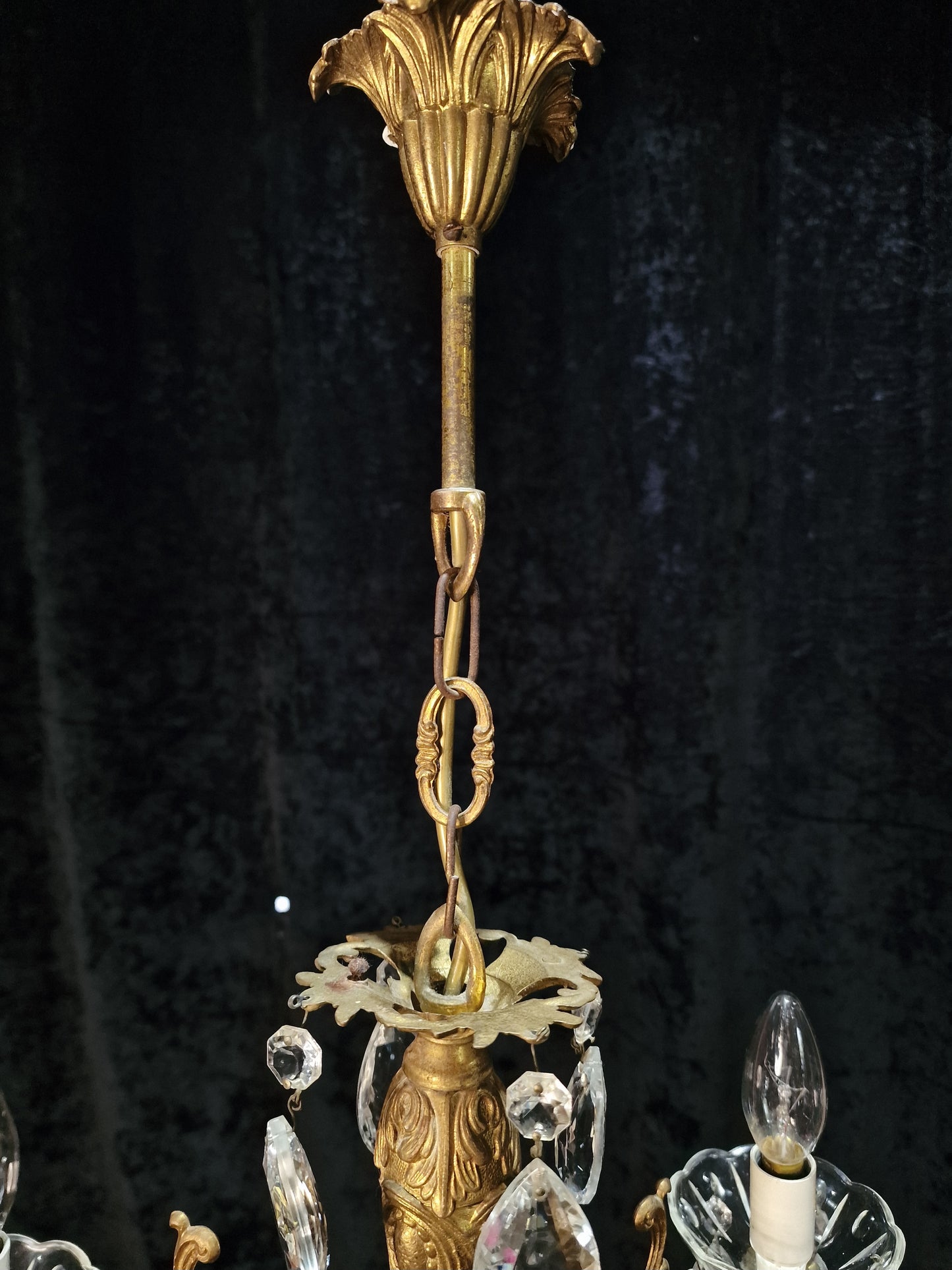 Lovely Vintage French 3 Arm Crystal Brass Leaf Chandelier Ceiling Light