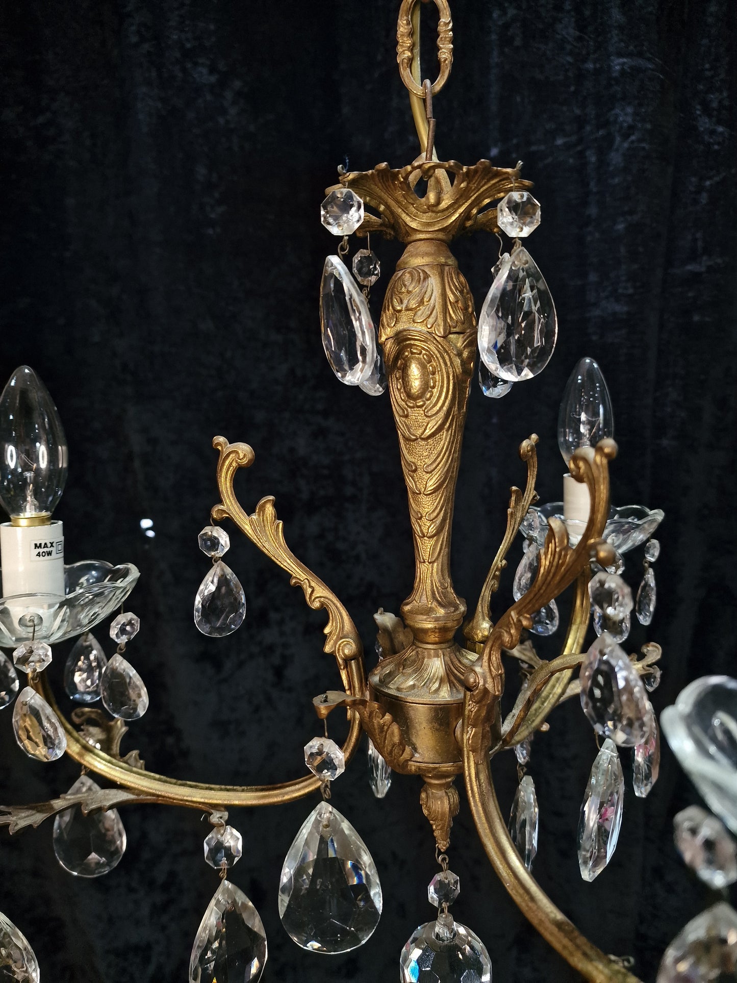 Lovely Vintage French 3 Arm Crystal Brass Leaf Chandelier Ceiling Light