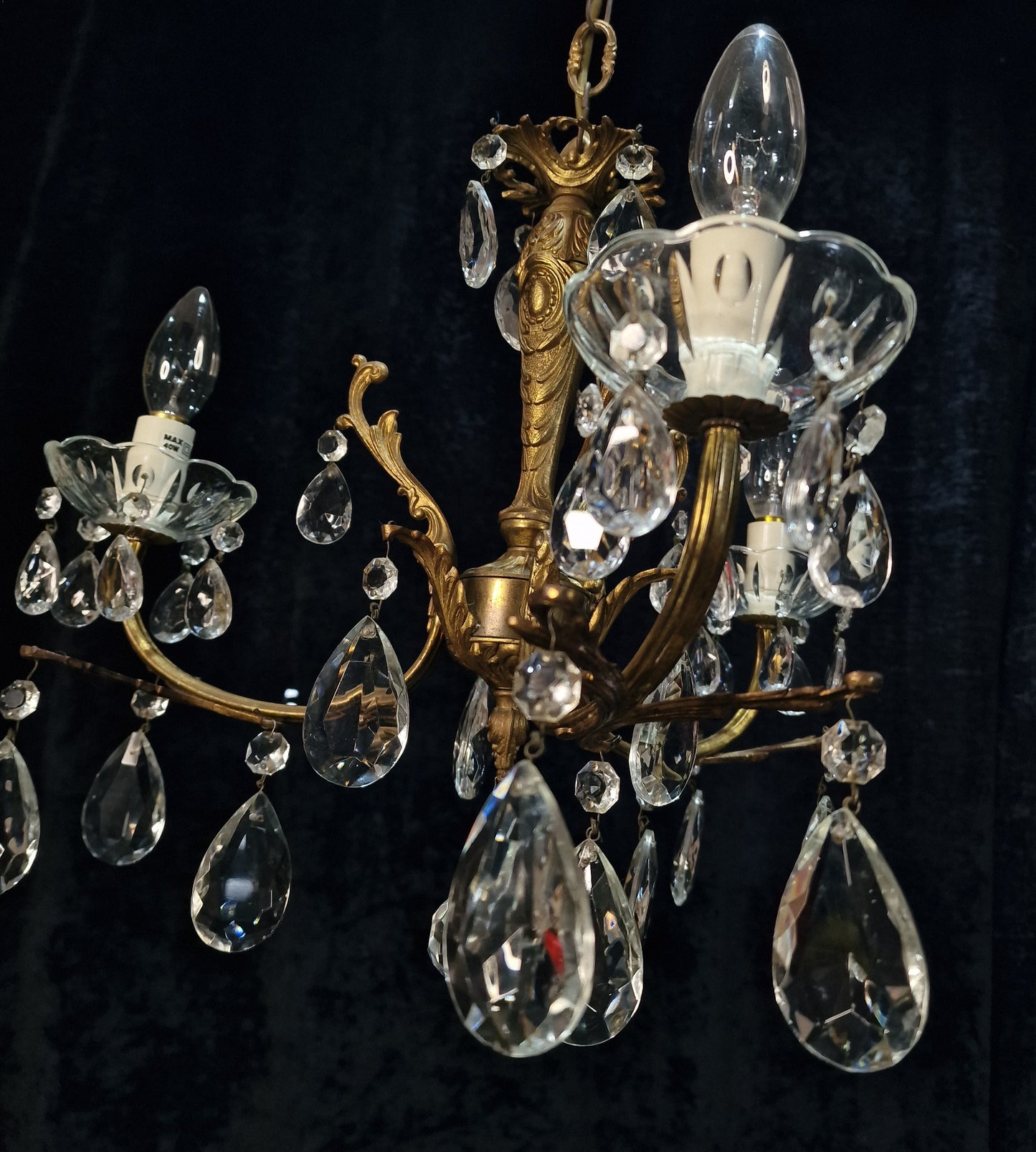 Lovely Vintage French 3 Arm Crystal Brass Leaf Chandelier Ceiling Light
