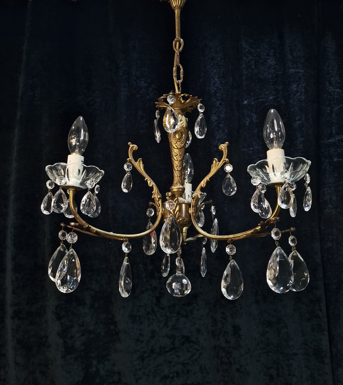 Lovely Vintage French 3 Arm Crystal Brass Leaf Chandelier Ceiling Light