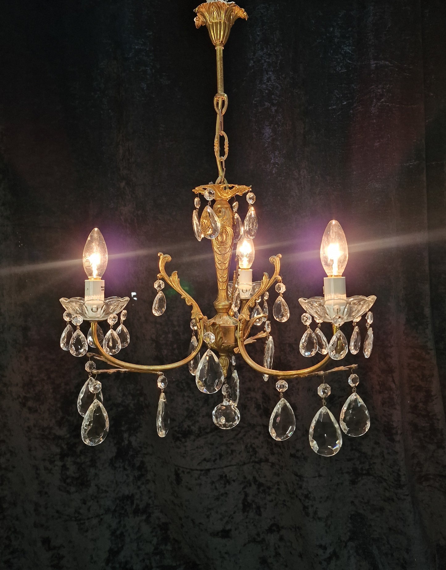 Lovely Vintage French 3 Arm Crystal Brass Leaf Chandelier Ceiling Light