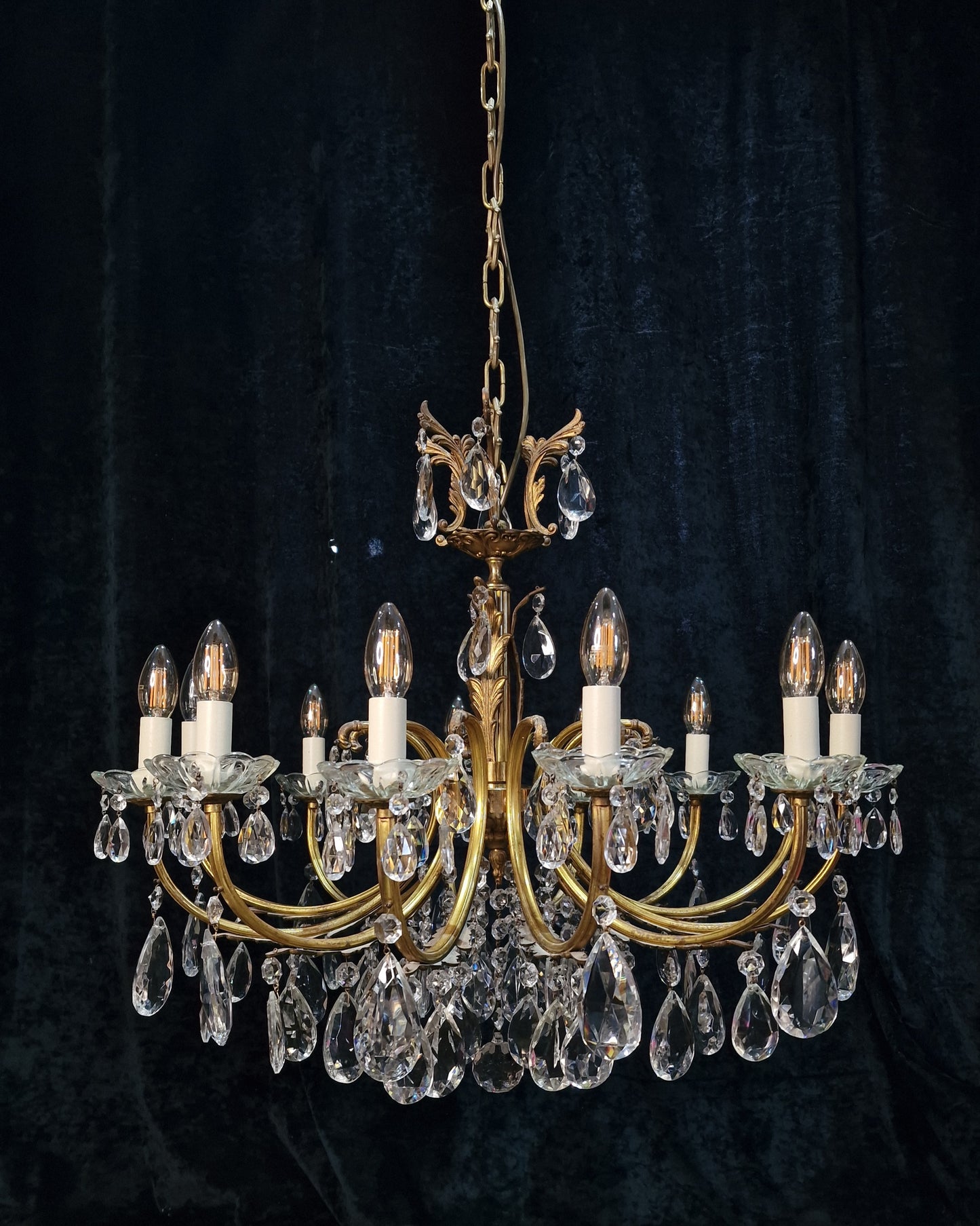 Gorgeous Large Vintage Antique French 12 Arm Brass Leaf Crystal Chandelier Light