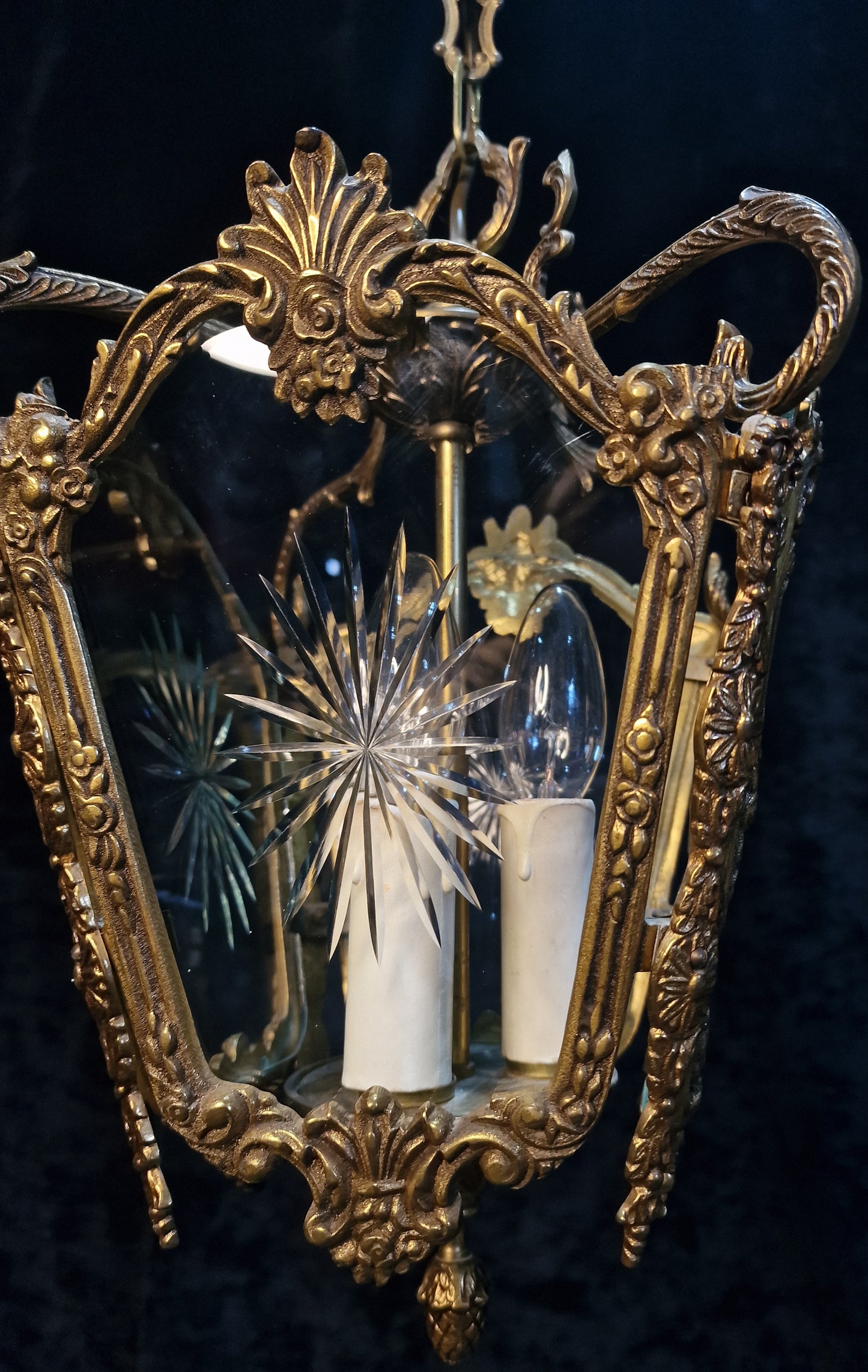 Decorative Heavy Antique French 4 Side Starburst Brass 3 Light Lantern