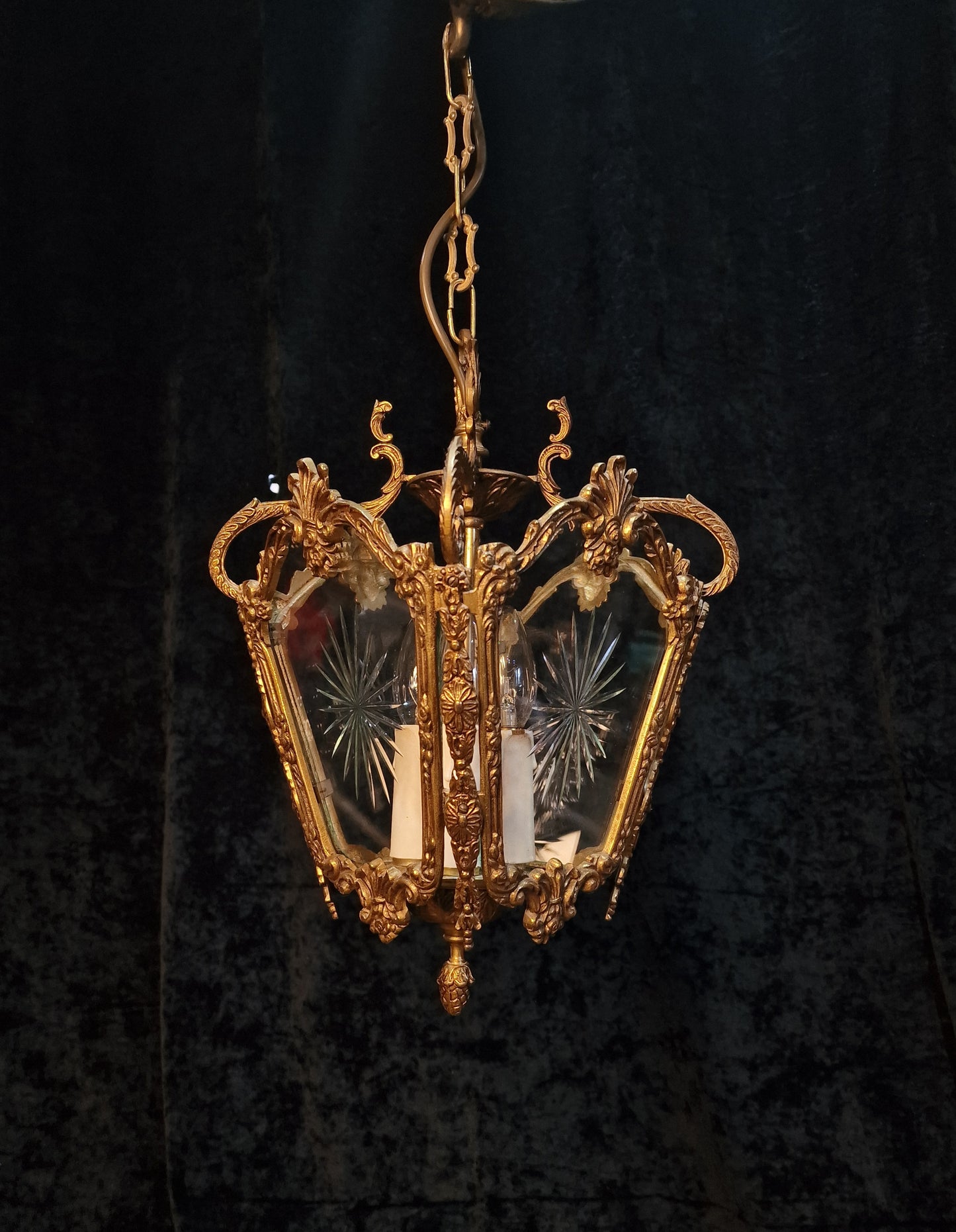 Decorative Heavy Antique French 4 Side Starburst Brass 3 Light Lantern
