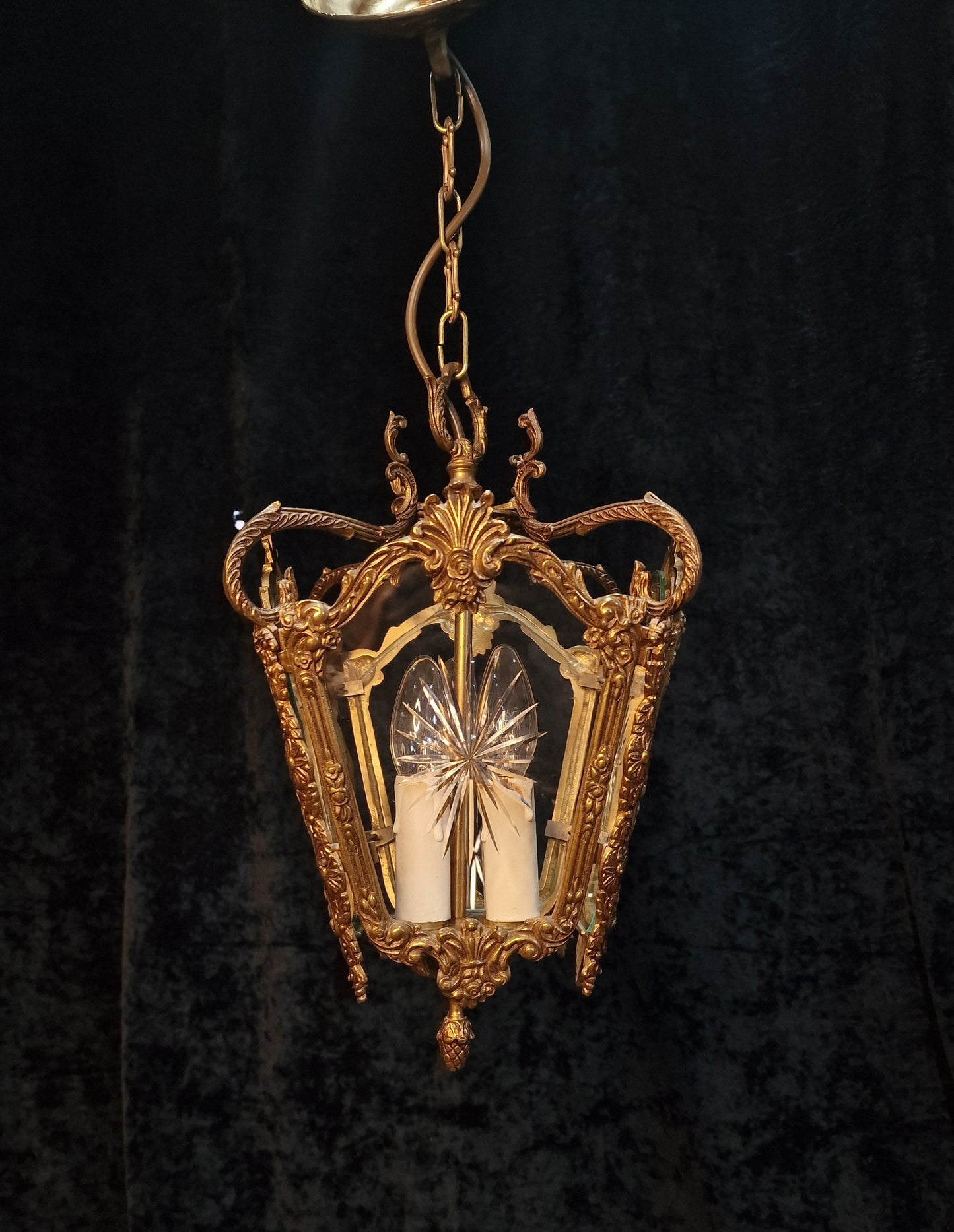 Decorative Heavy Antique French 4 Side Starburst Brass 3 Light Lantern