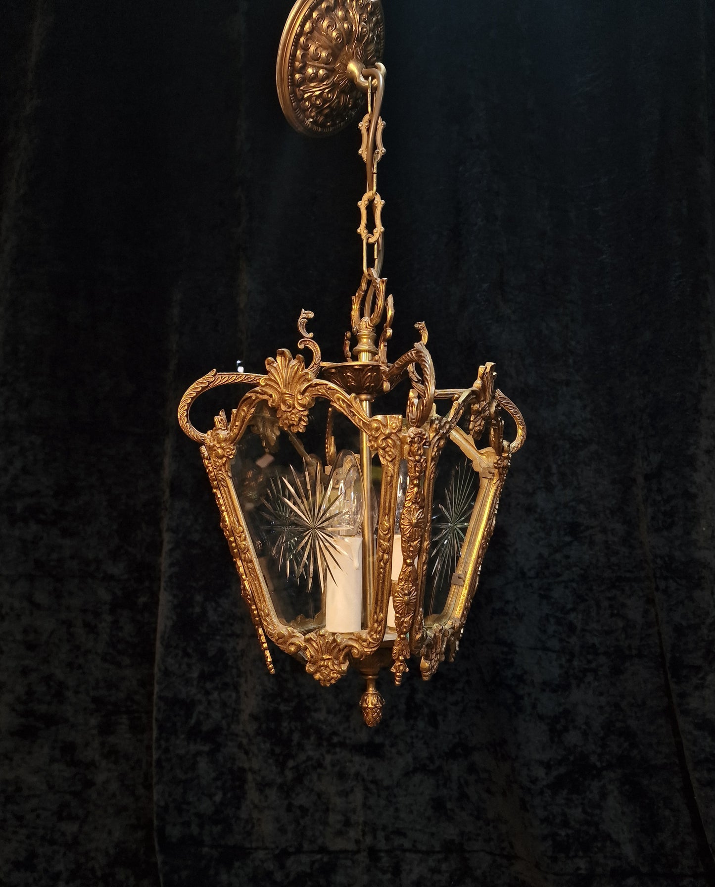 Decorative Heavy Antique French 4 Side Starburst Brass 3 Light Lantern