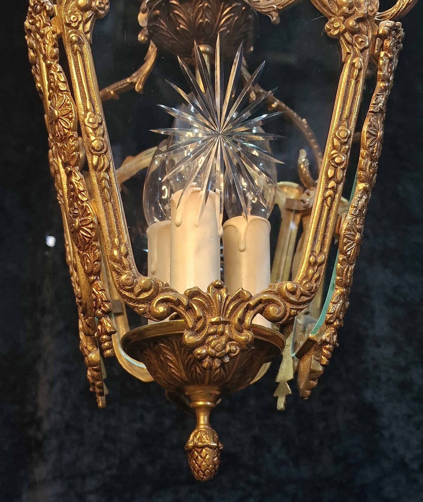Decorative Heavy Antique French 4 Side Starburst Brass 3 Light Lantern