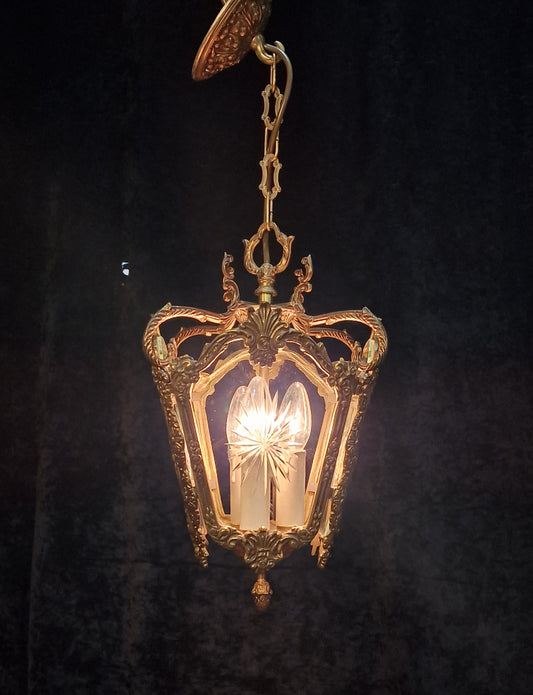 Decorative Heavy Antique French 4 Side Starburst Brass 3 Light Lantern