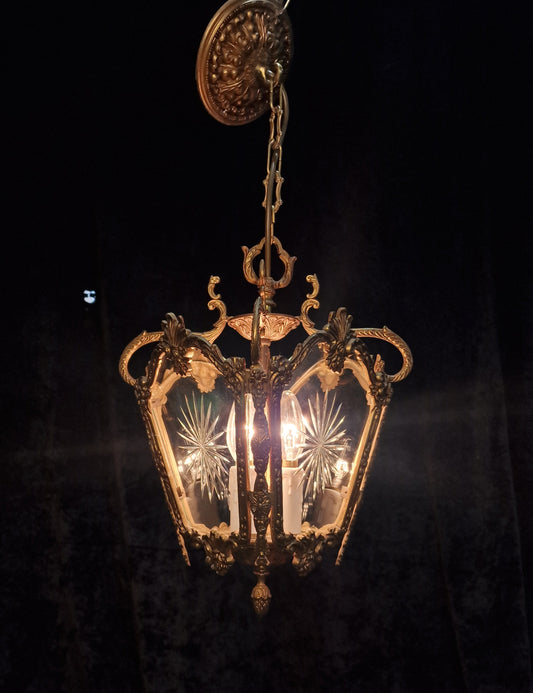Ornate Heavy Antique French 4 Side Starburst Brass 3 Light Hanging Lantern