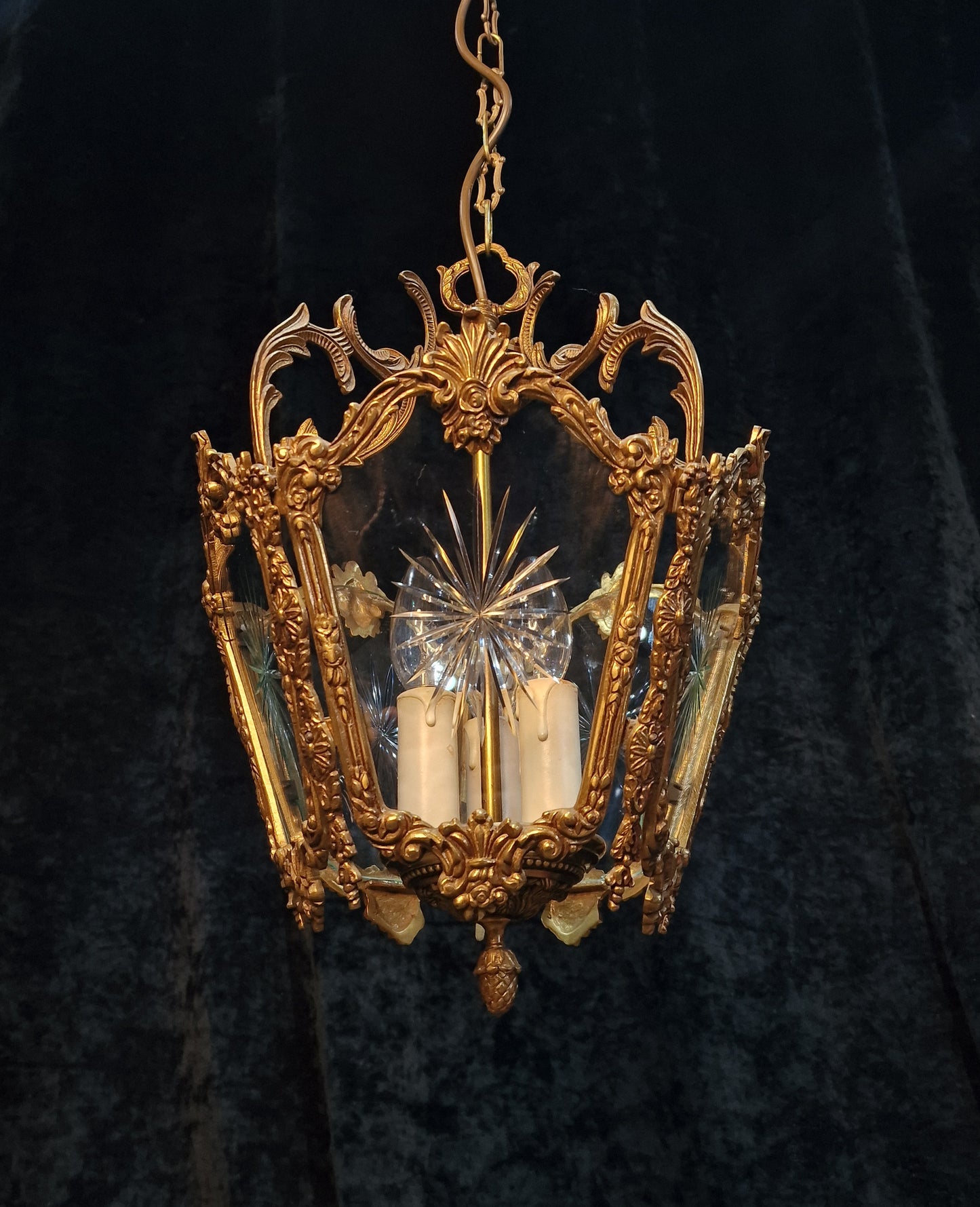 Fabulous Large Heavy Antique French 5 Side Starburst Brass 3 Light Lantern