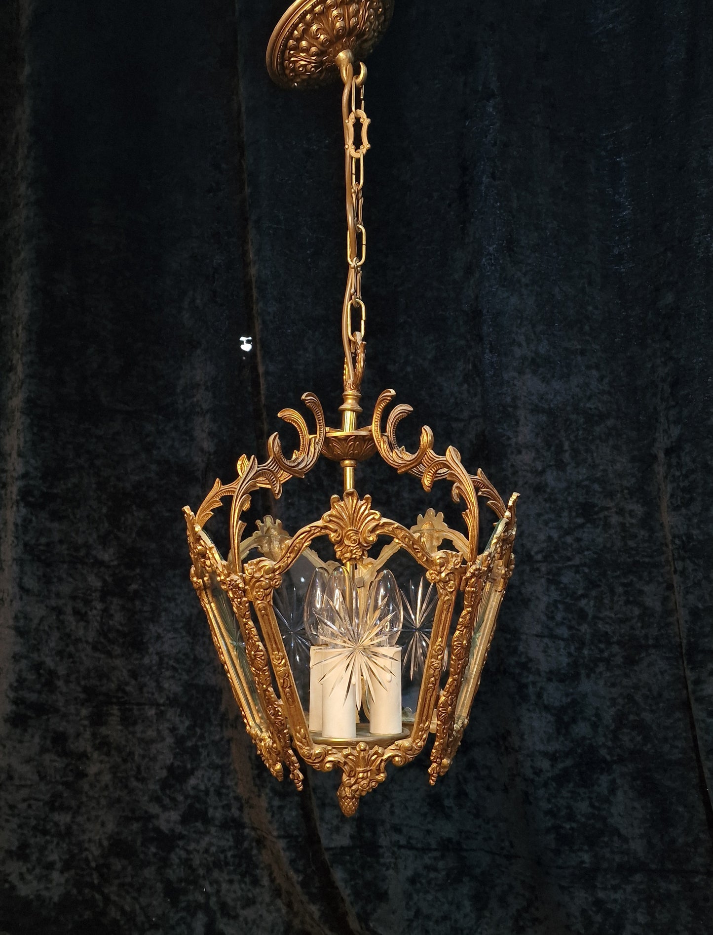 Fabulous Large Heavy Antique French 5 Side Starburst Brass 3 Light Lantern
