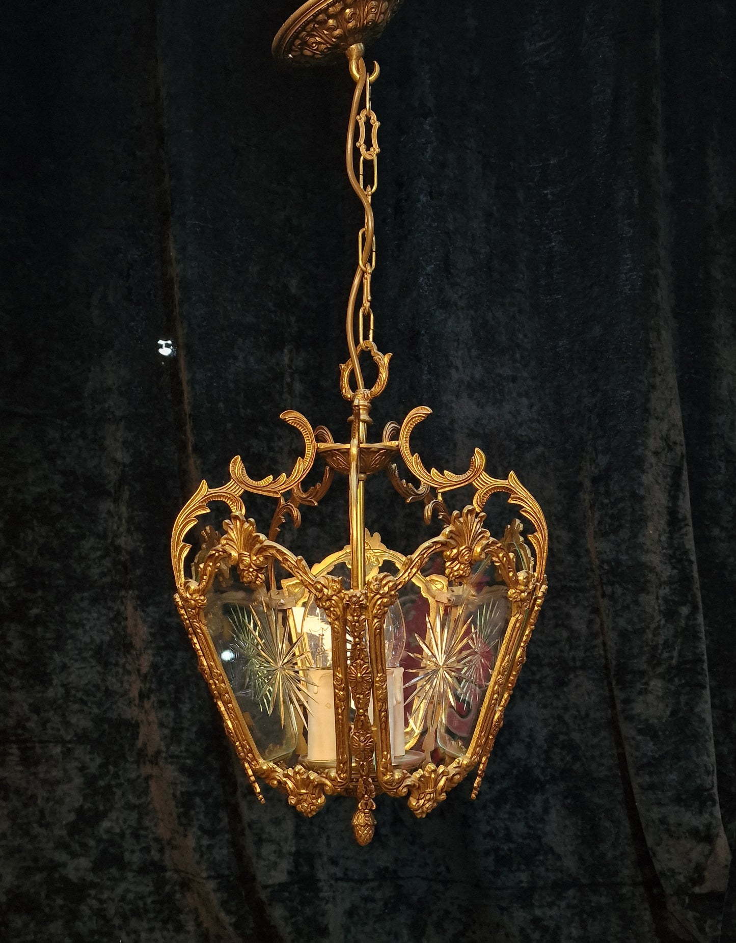 Fabulous Large Heavy Antique French 5 Side Starburst Brass 3 Light Lantern