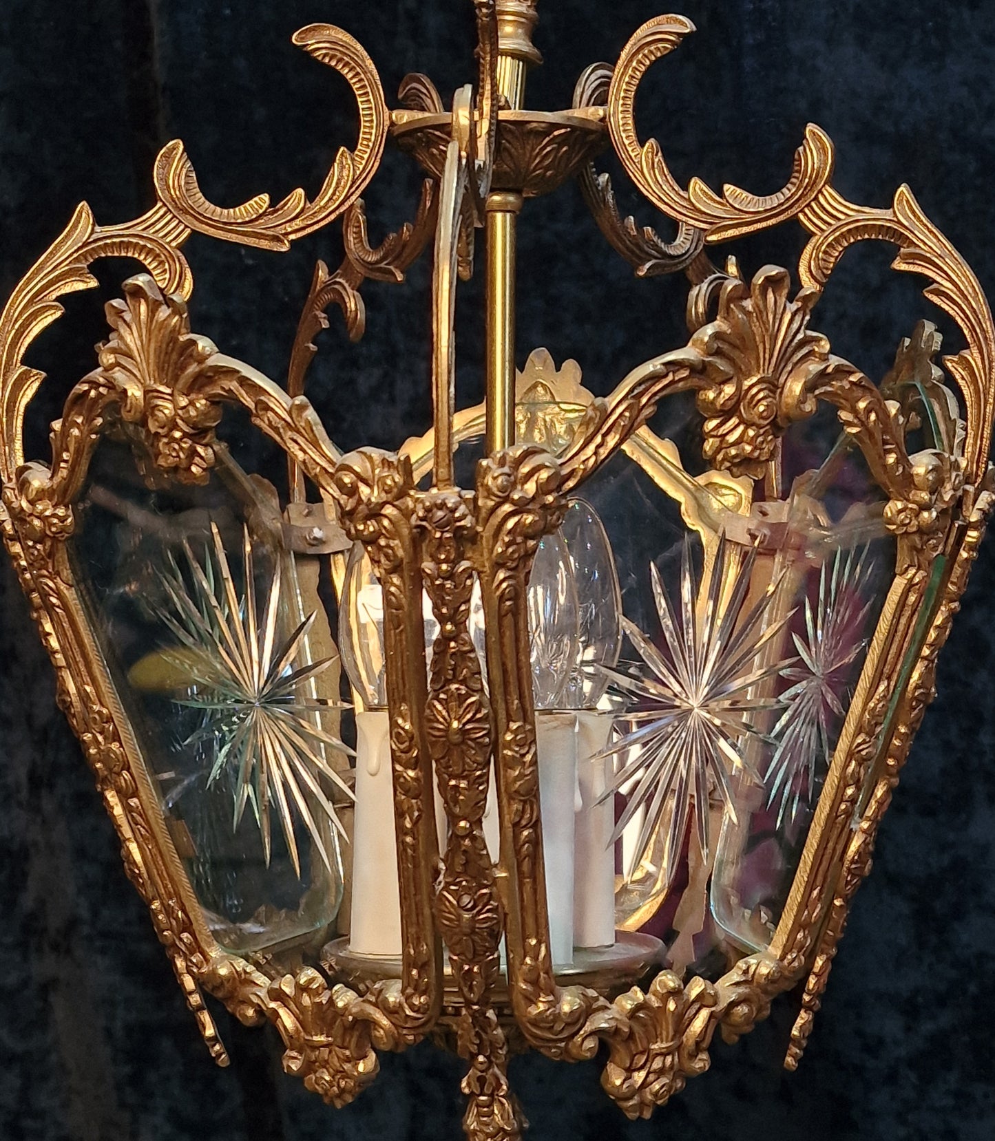 Fabulous Large Heavy Antique French 5 Side Starburst Brass 3 Light Lantern