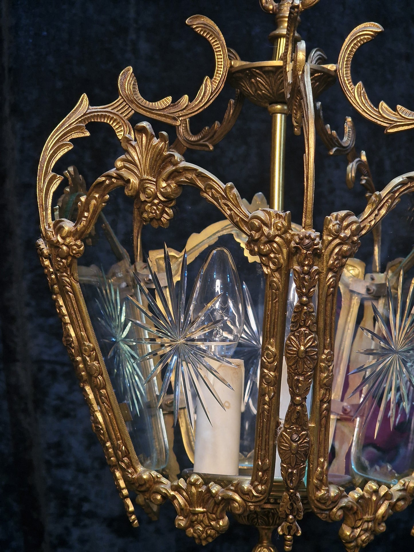 Fabulous Large Heavy Antique French 5 Side Starburst Brass 3 Light Lantern