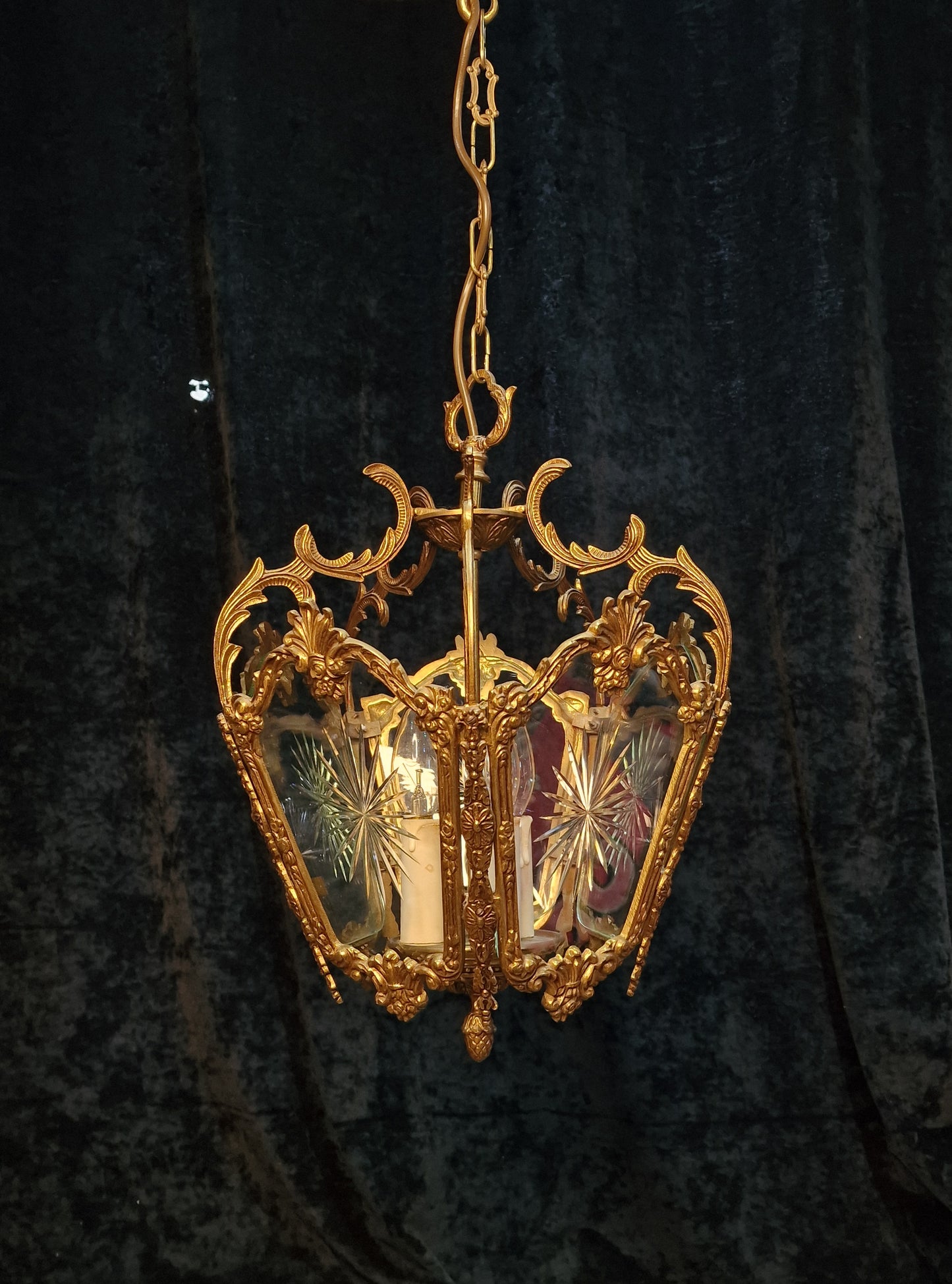 Fabulous Large Heavy Antique French 5 Side Starburst Brass 3 Light Lantern