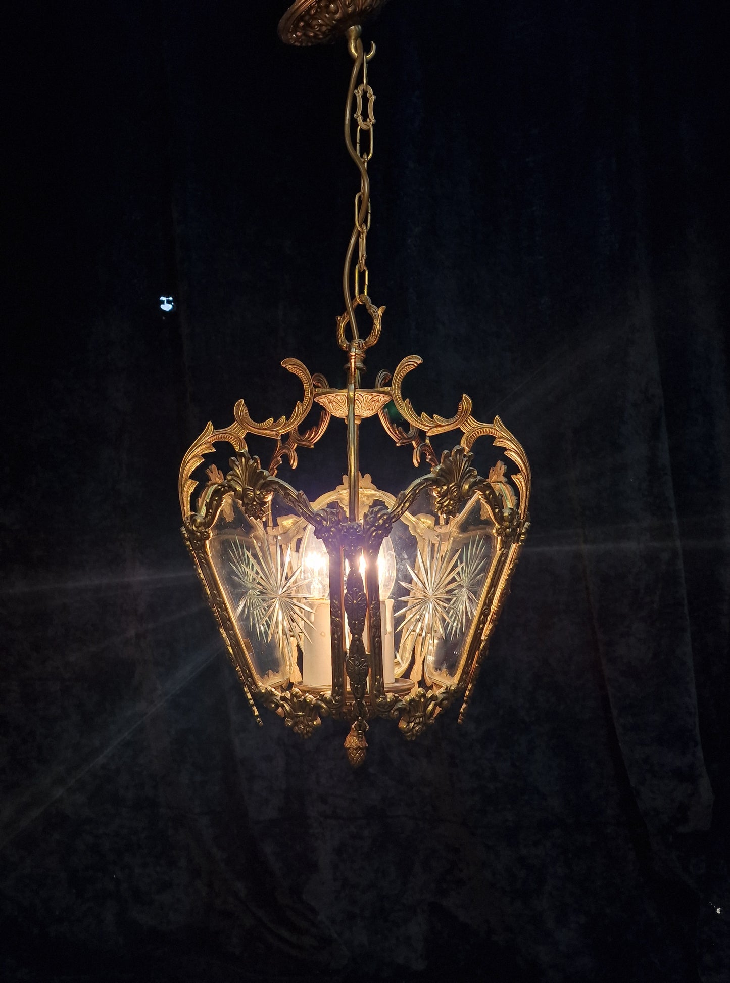 Fabulous Large Heavy Antique French 5 Side Starburst Brass 3 Light Lantern
