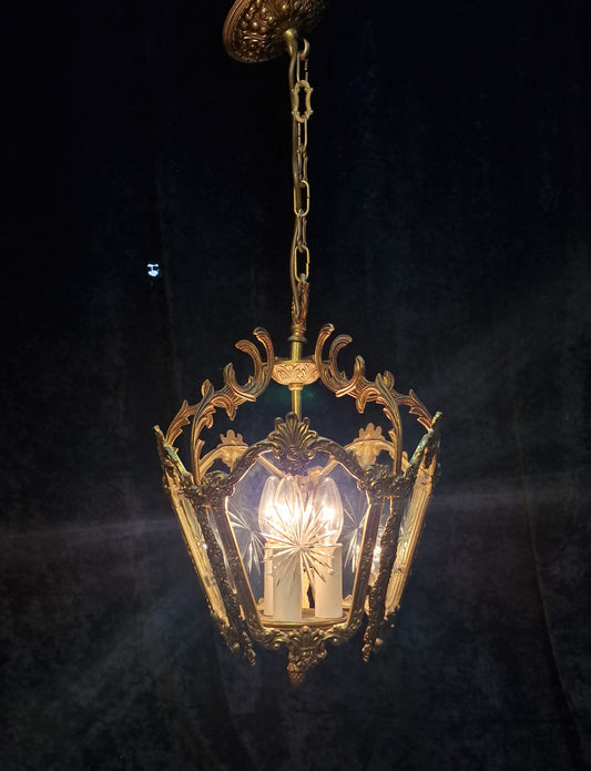 Fabulous Large Heavy Antique French 5 Side Starburst Brass 3 Light Lantern